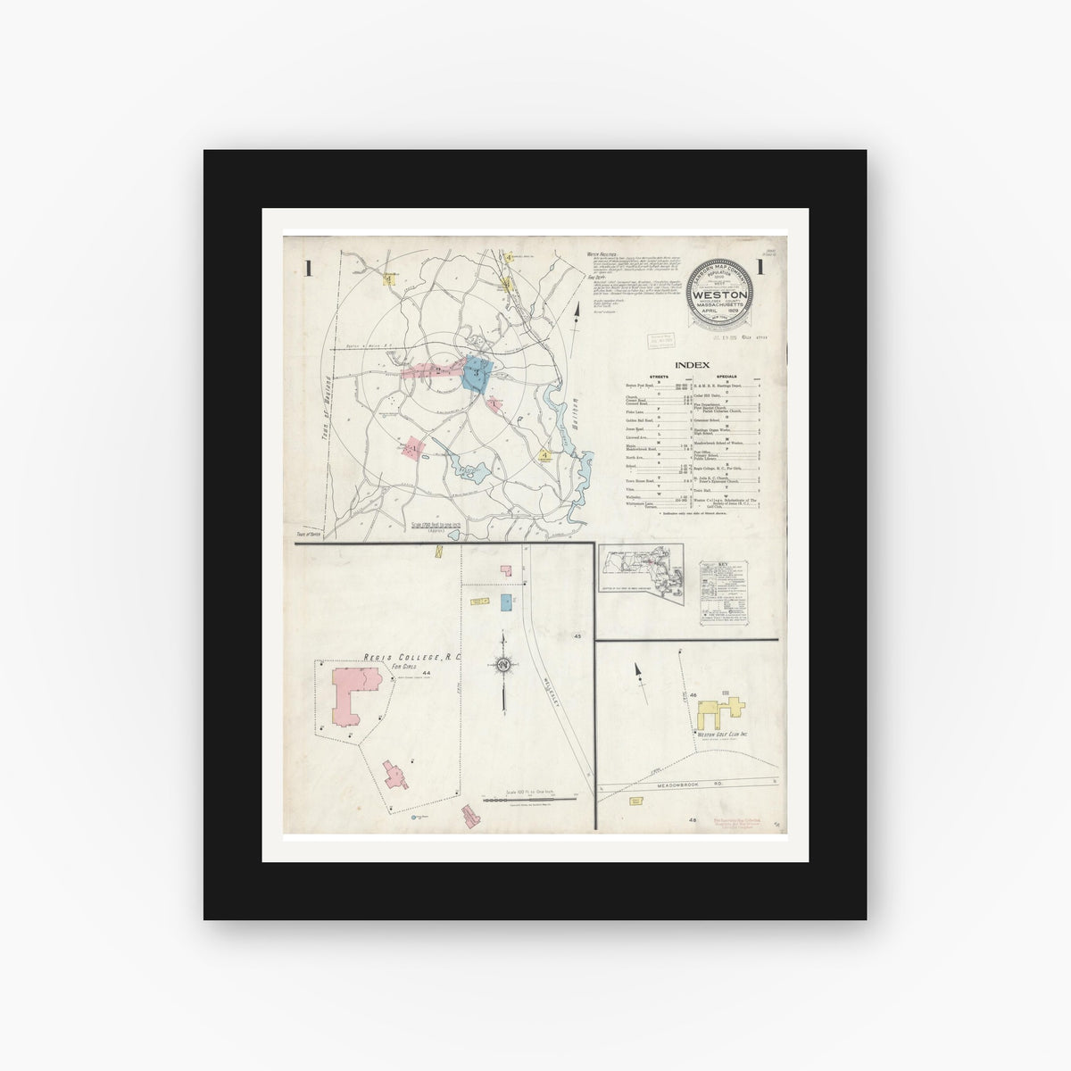 Old map wall art mockup — black gallery frame with white mat — Sanborn Fire Insurance Map from Weston, Middlesex County, Massachusetts (1929), Sheet #0001