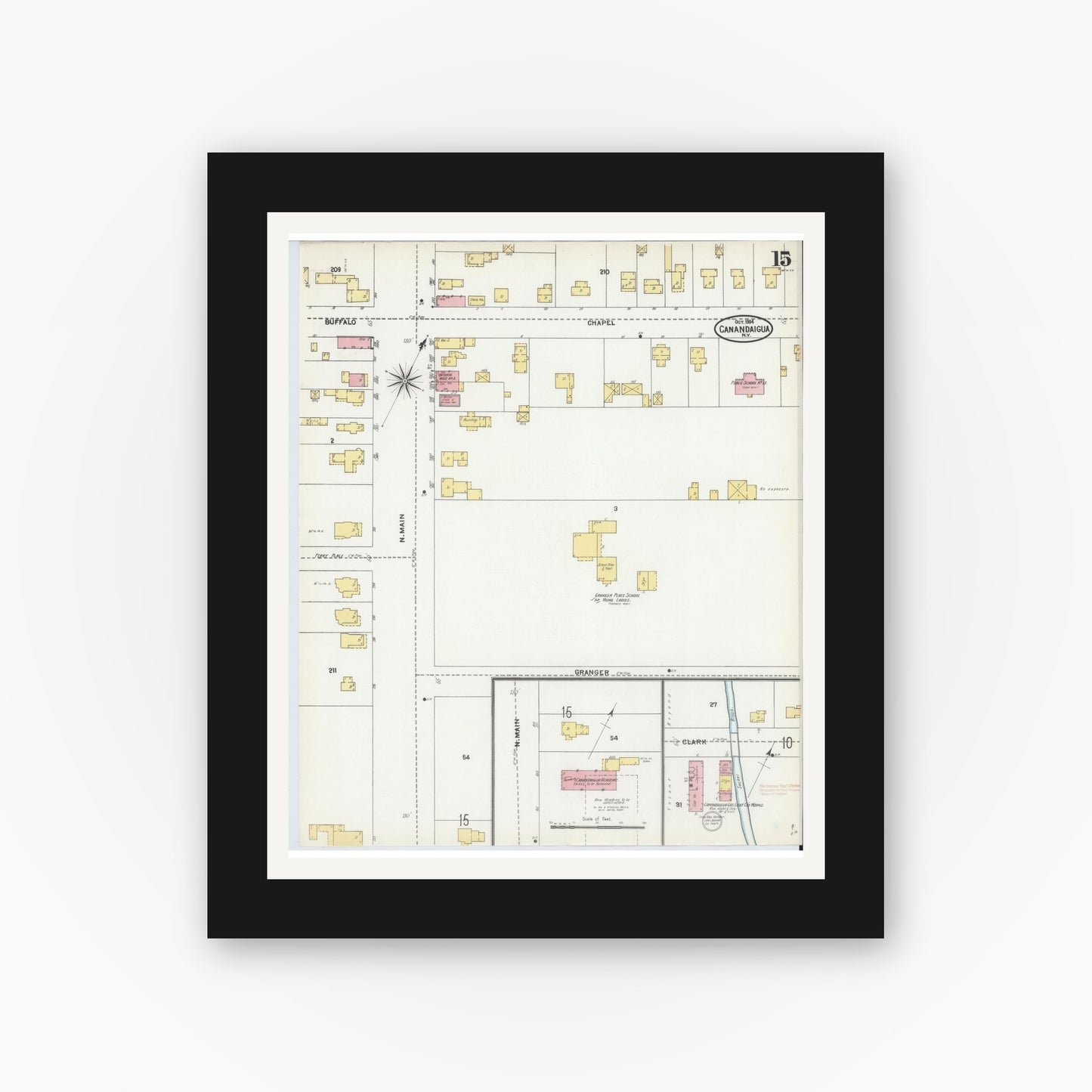 Old map wall art mockup — black gallery frame with white mat — Sanborn Fire Insurance Map from Canandaigua, Ontario County, New York (1904), Sheet #0015