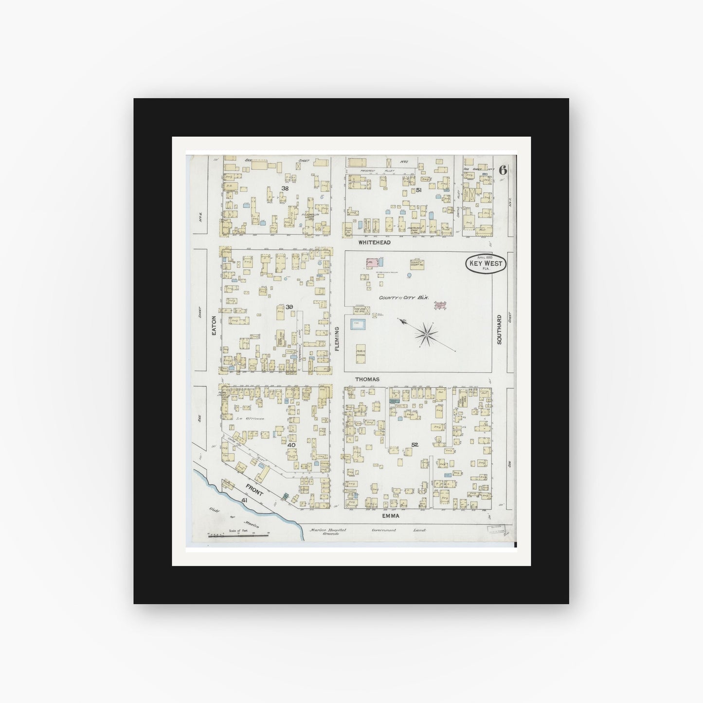 Old map wall art mockup — black gallery frame with white mat — Sanborn Fire Insurance Map from Key West, Monroe County, Florida (1889), Sheet #0006