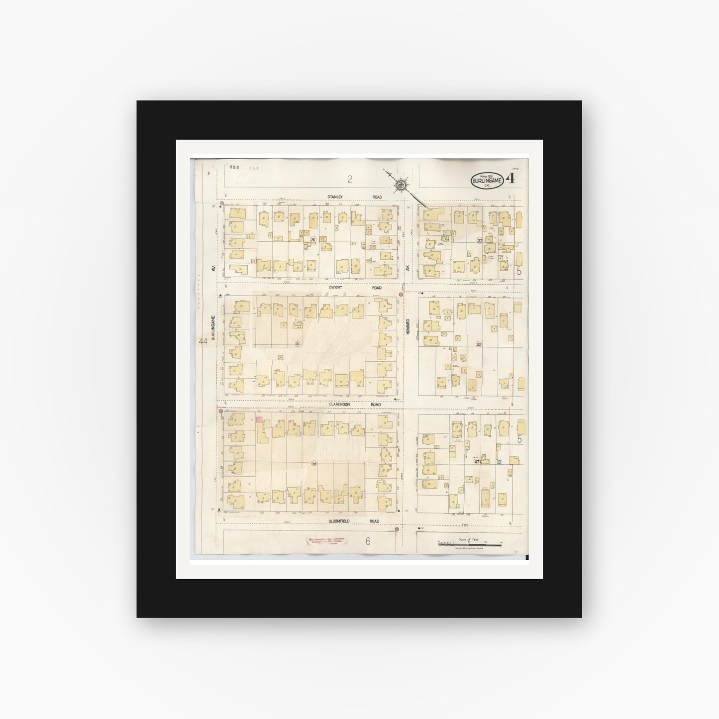 Old map wall art mockup — black gallery frame with white mat — Sanborn Fire Insurance Map from Burlingame, San Mateo County, California (1949), Sheet #0004