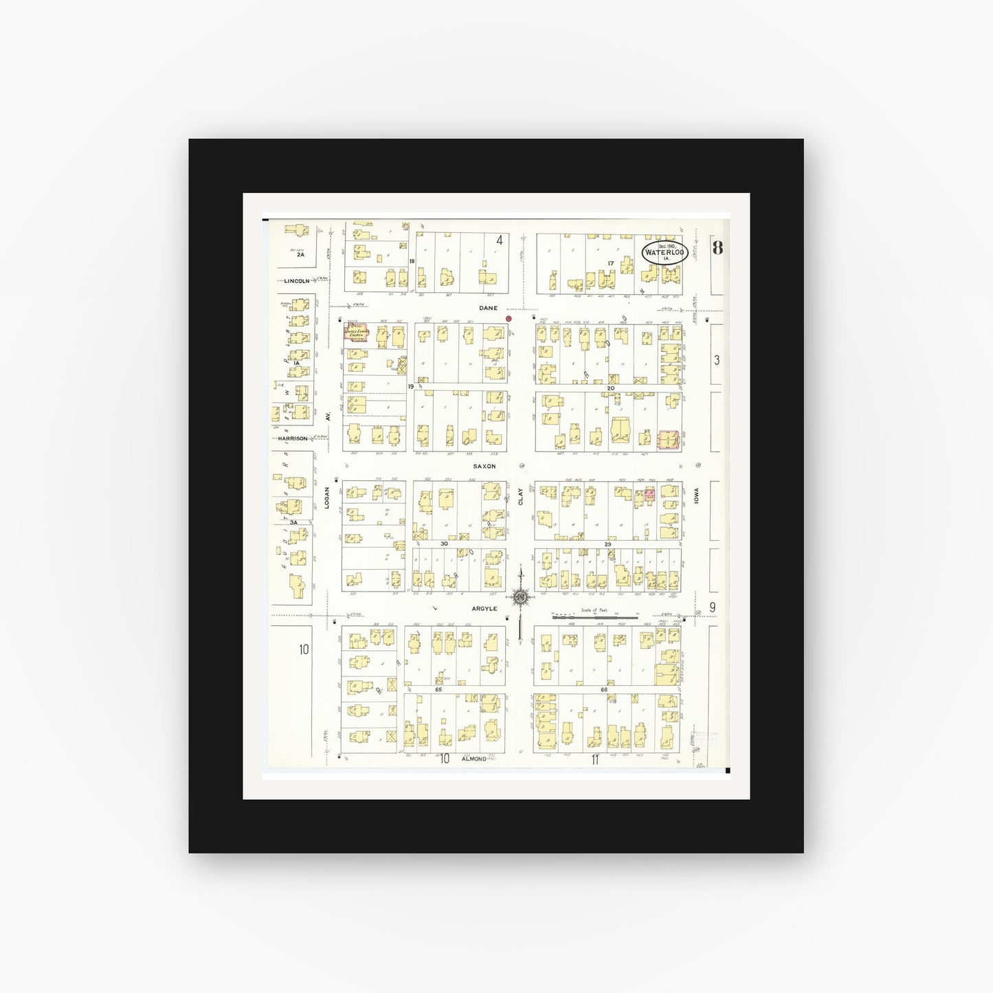 Old map wall art mockup — black gallery frame with white mat — Sanborn Fire Insurance Map from Waterloo, Black Hawk County, Iowa (1910), Sheet #0008