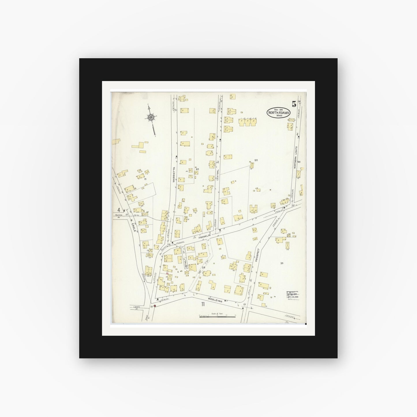 Old map wall art mockup — black gallery frame with white mat — Sanborn Fire Insurance Map from North Adams, Berkshire County, Massachusetts (1914), Sheet #0005
