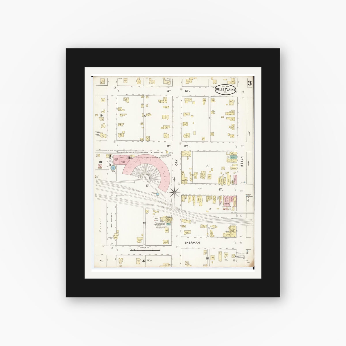Old map wall art mockup — black gallery frame with white mat — Sanborn Fire Insurance Map from Belle Plaine, Benton County, Iowa (1888), Sheet #0003