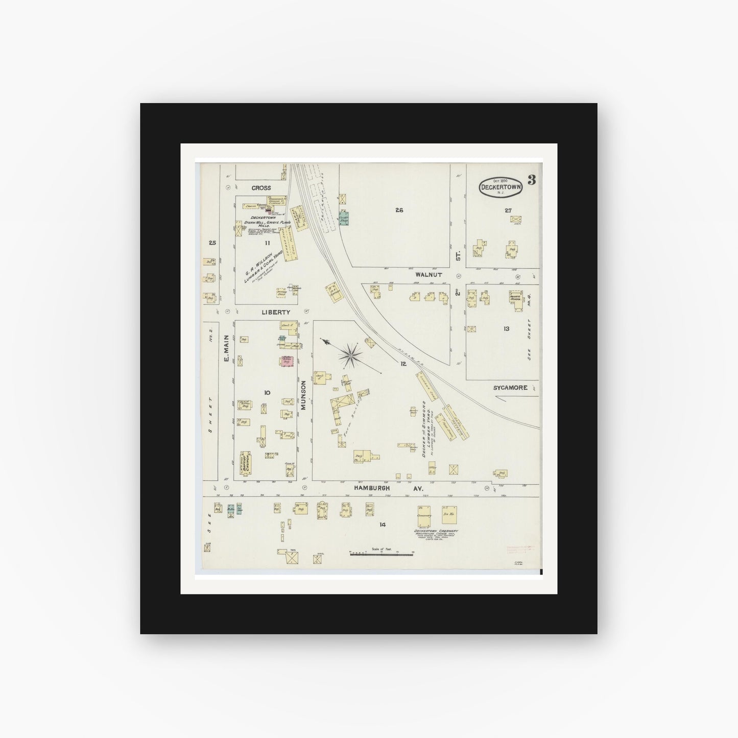 Old map wall art mockup — black gallery frame with white mat — Sanborn Fire Insurance Map from Deckertown, Sussex County, New Jersey (1890), Sheet #0003