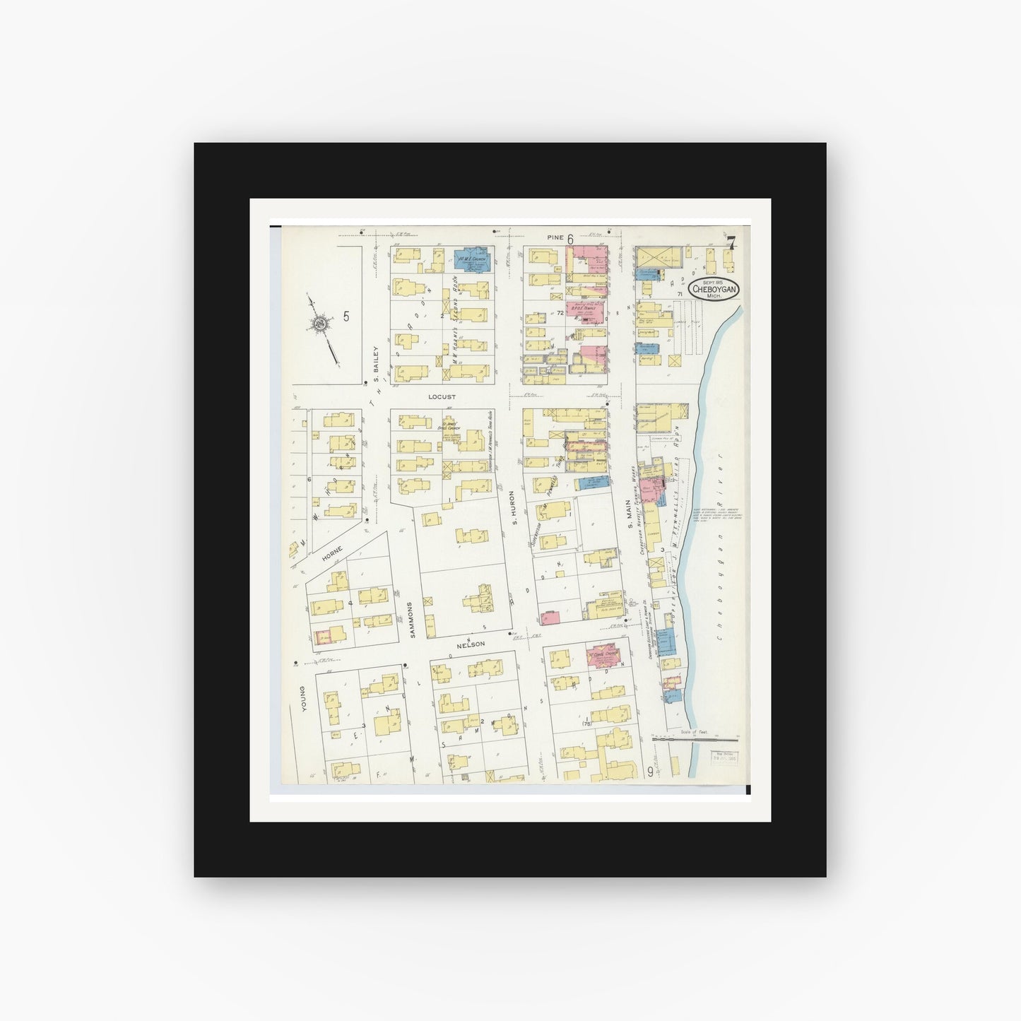 Old map wall art mockup — black gallery frame with white mat — Sanborn Fire Insurance Map from Cheboygan, Cheboygan County, Michigan (1915), Sheet #0007