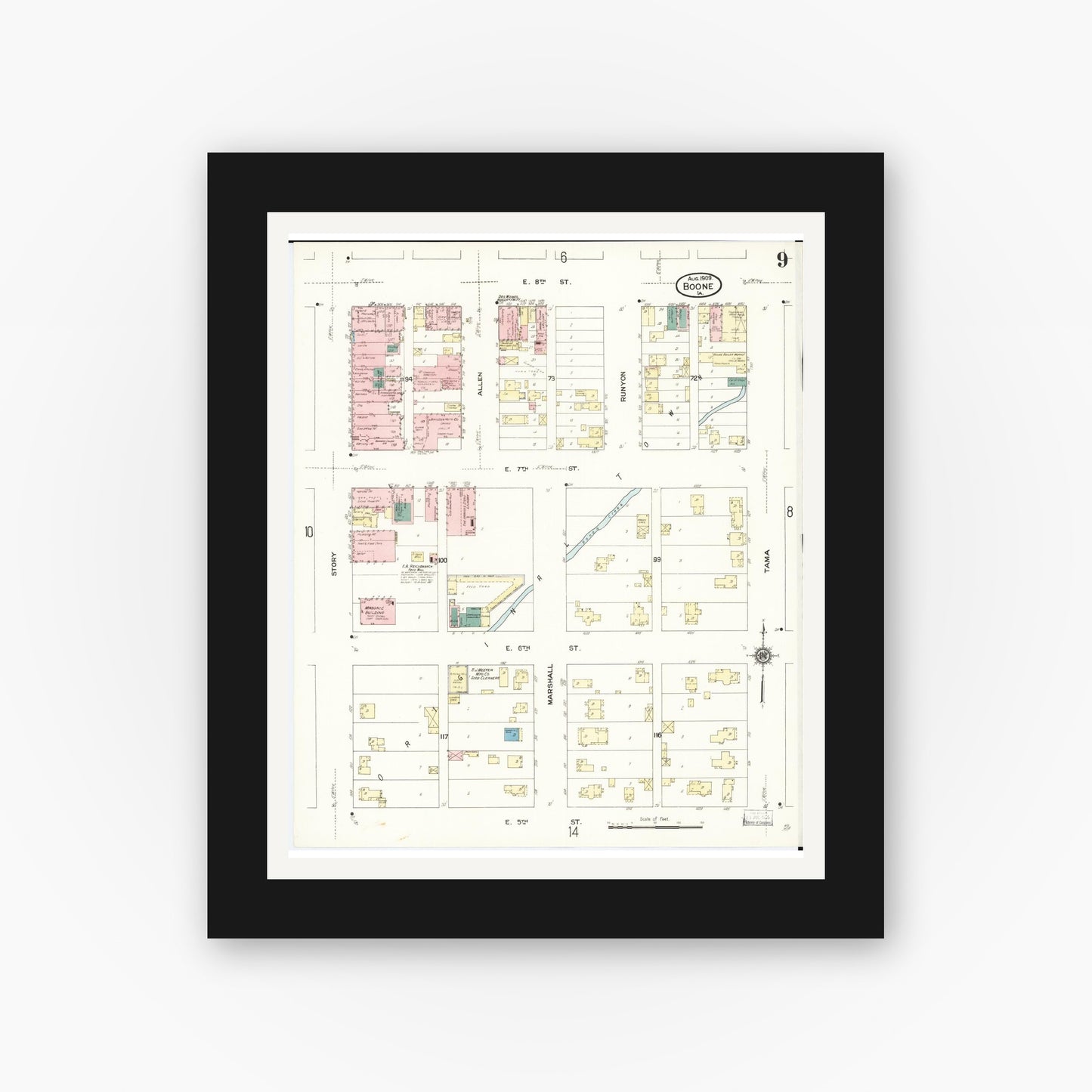 Old map wall art mockup — black gallery frame with white mat — Sanborn Fire Insurance Map from Boone, Boone County, Iowa (1909), Sheet #0009