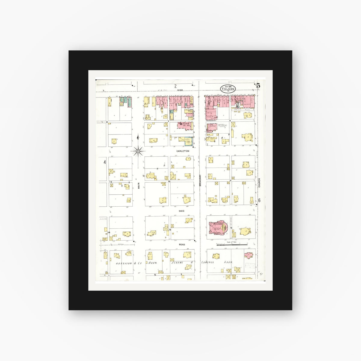 Old map wall art mockup — black gallery frame with white mat — Sanborn Fire Insurance Map from Toledo, Tama County, Iowa (1906), Sheet #0005