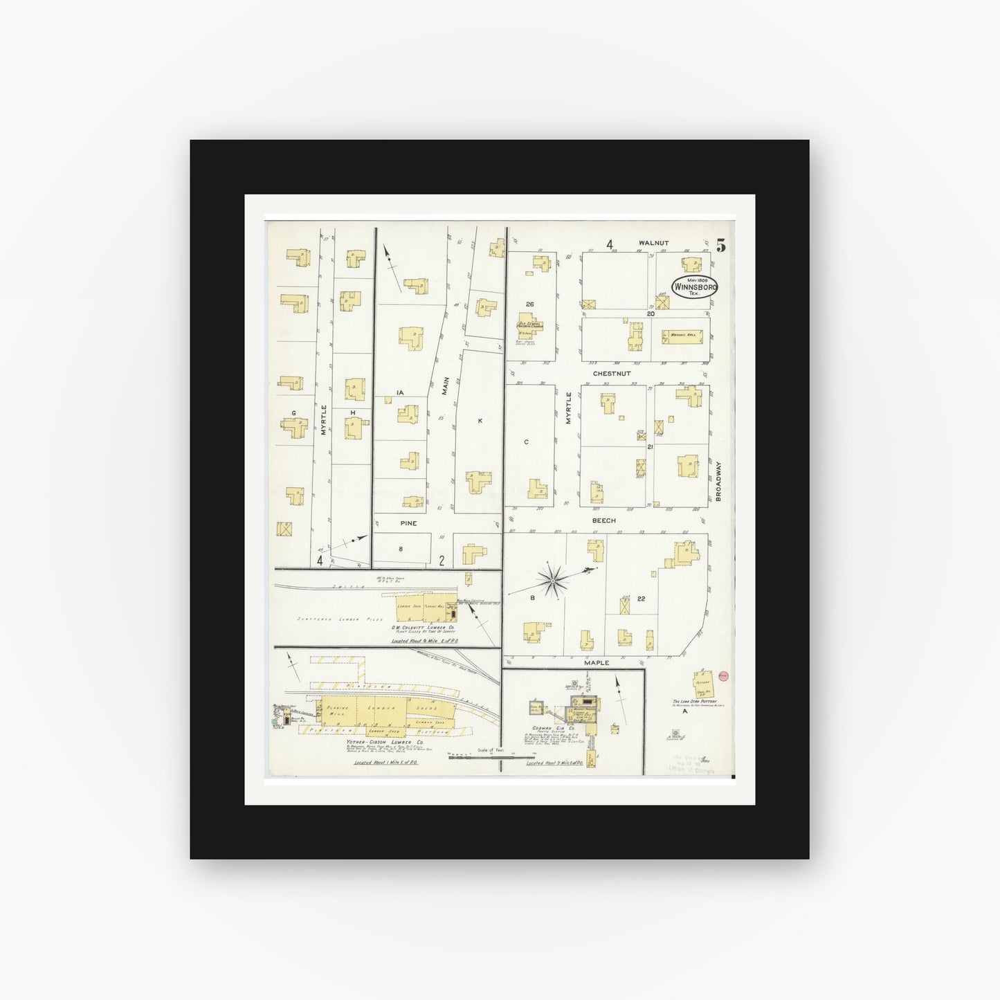 Old map wall art mockup — black gallery frame with white mat — Sanborn Fire Insurance Map from Winnsboro, Wood County, Texas (1909), Sheet #0005