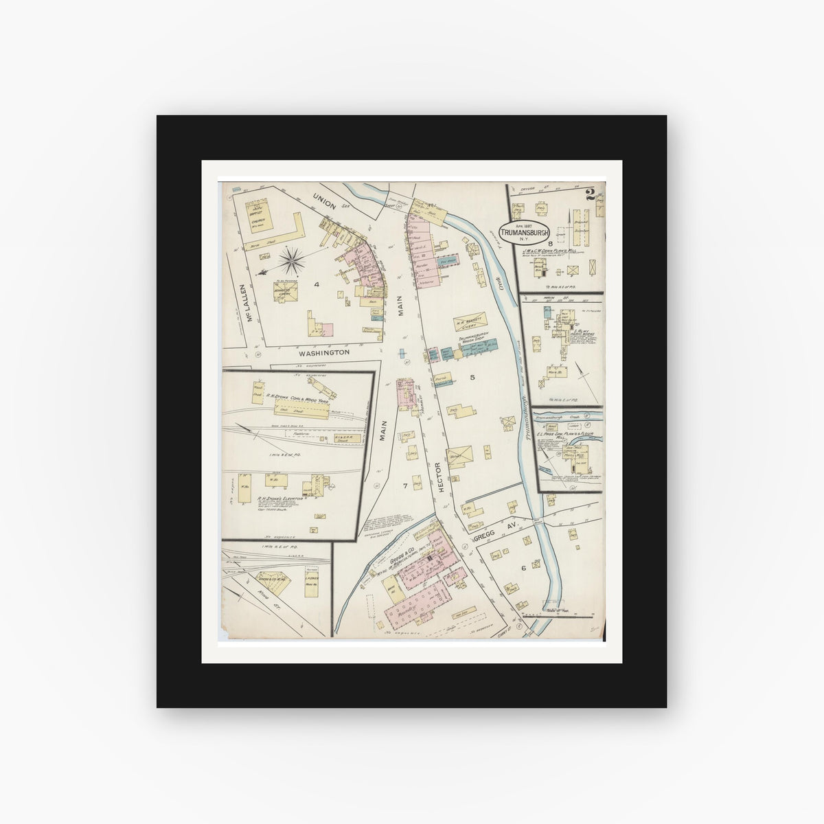 Old map wall art mockup — black gallery frame with white mat — Sanborn Fire Insurance Map from Trumansburg, Tompkins County, New York (1887), Sheet #0002