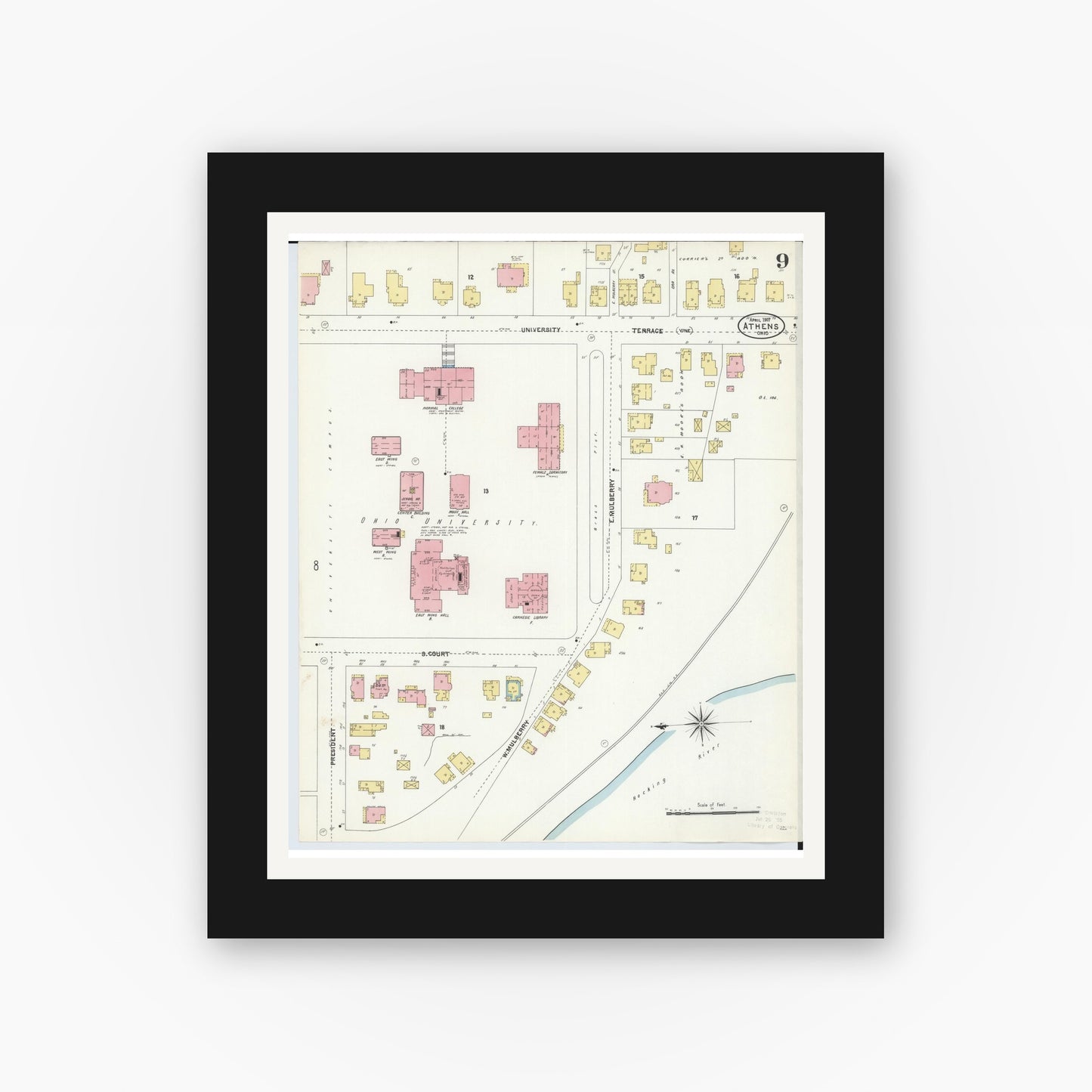 Old map wall art mockup — black gallery frame with white mat — Sanborn Fire Insurance Map from Athens, Athens County, Ohio (1907), Sheet #0009