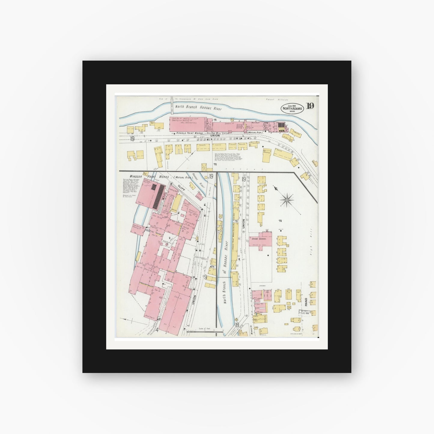 Old map wall art mockup — black gallery frame with white mat — Sanborn Fire Insurance Map from North Adams, Berkshire County, Massachusetts (1901), Sheet #0019