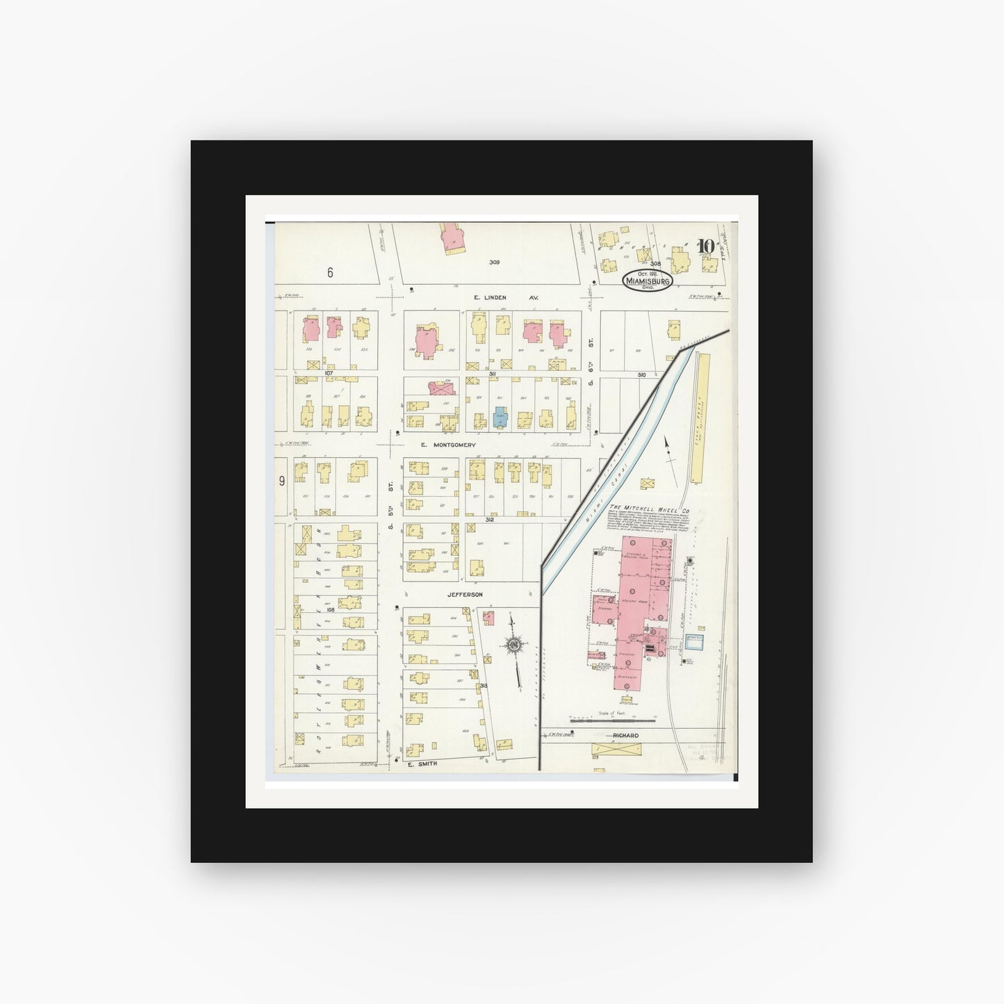 Old map wall art mockup — black gallery frame with white mat — Sanborn Fire Insurance Map from Miamisburg, Montgomery County, Ohio (1911), Sheet #0010