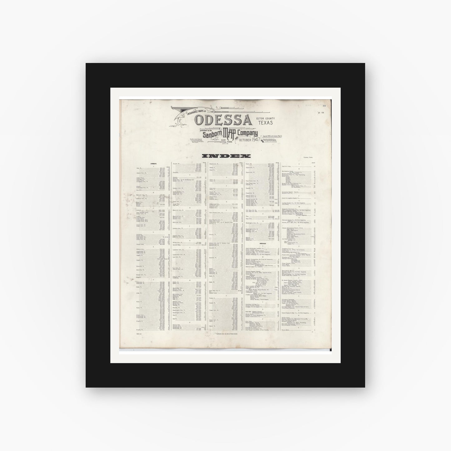 Old map wall art mockup — black gallery frame with white mat — Sanborn Fire Insurance Map from Odessa, Edger County, Texas (1950), Sheet #0001