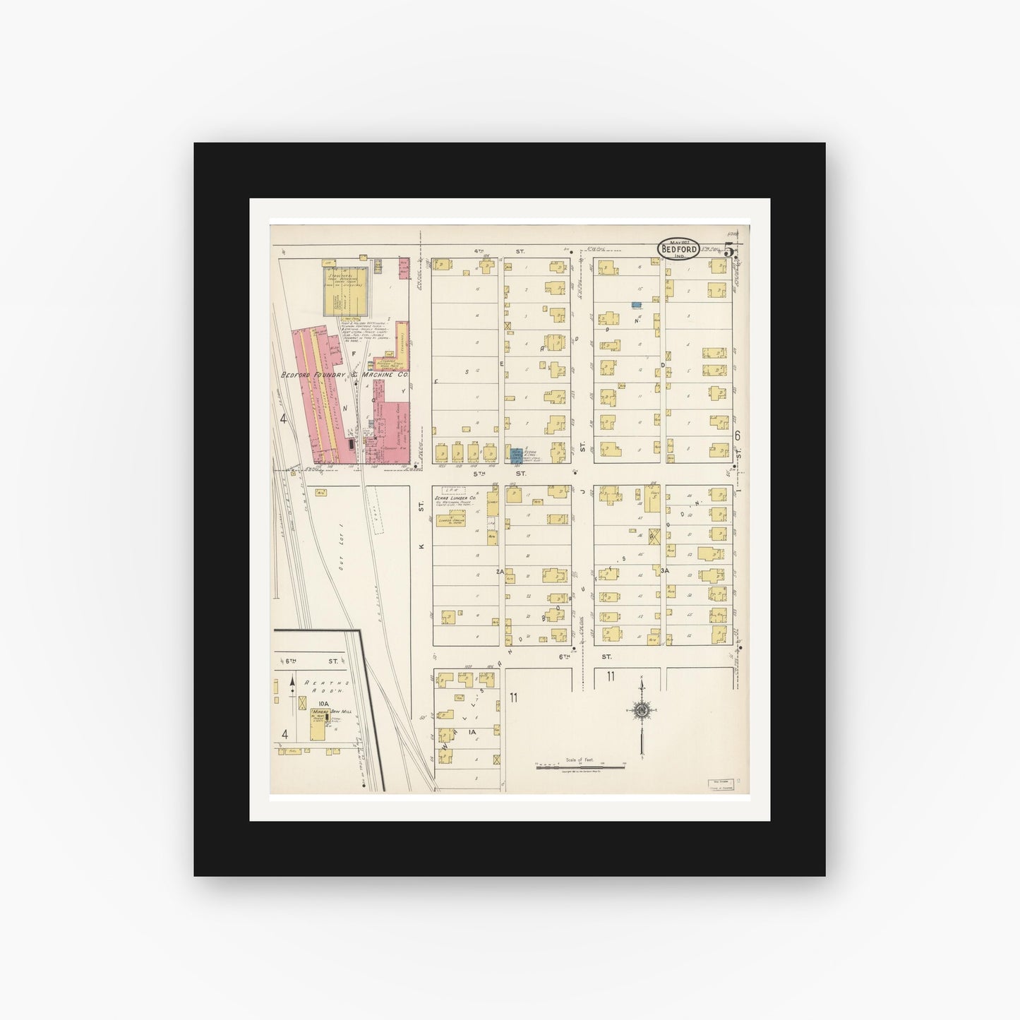 Old map wall art mockup — black gallery frame with white mat — Sanborn Fire Insurance Map from Bedford, Lawrence County, Indiana (1922), Sheet #0005