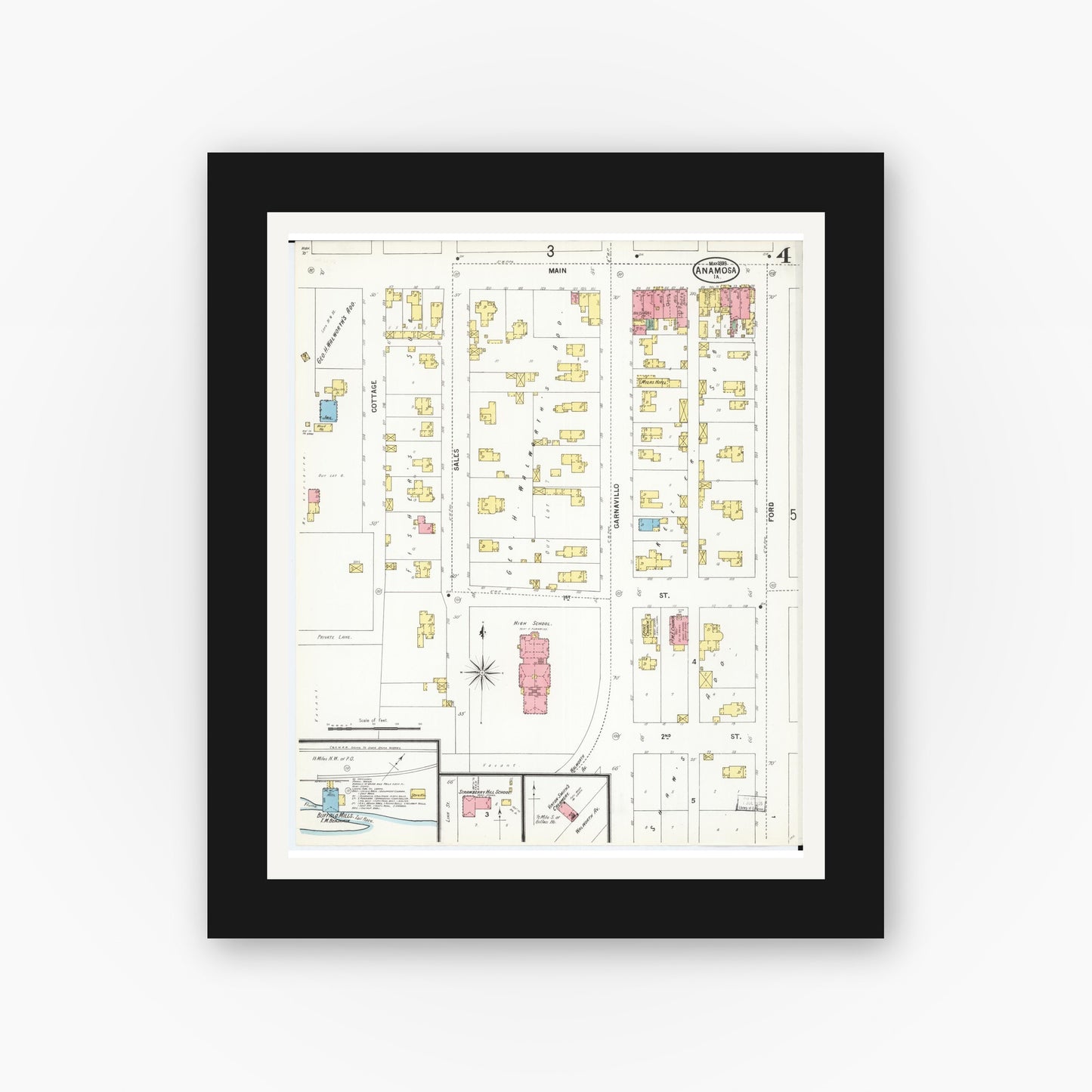 Old map wall art mockup β black gallery frame with white mat β Sanborn Fire Insurance Map from Anamosa, Jones County, Iowa (1899), Sheet #0004