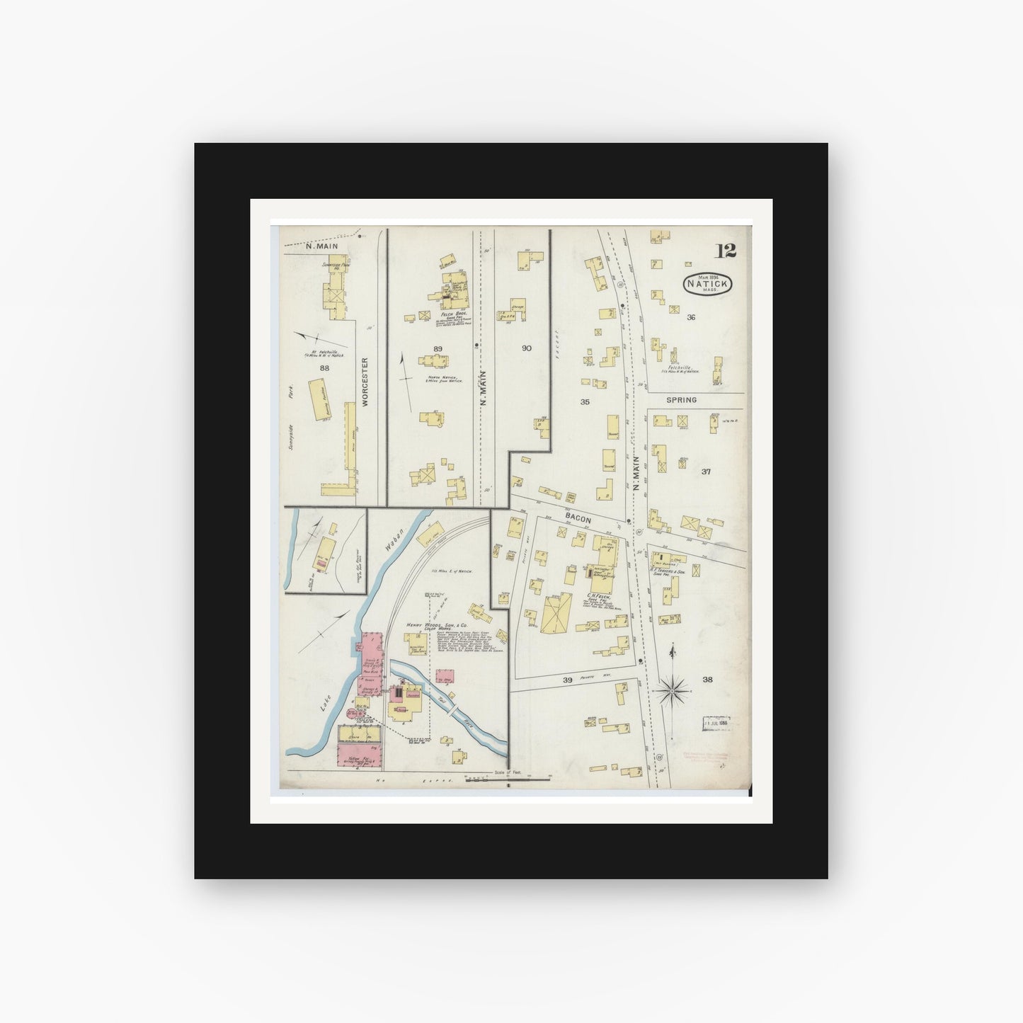 Old map wall art mockup — black gallery frame with white mat — Sanborn Fire Insurance Map from Natick, Middlesex County, Massachusetts (1894), Sheet #0012