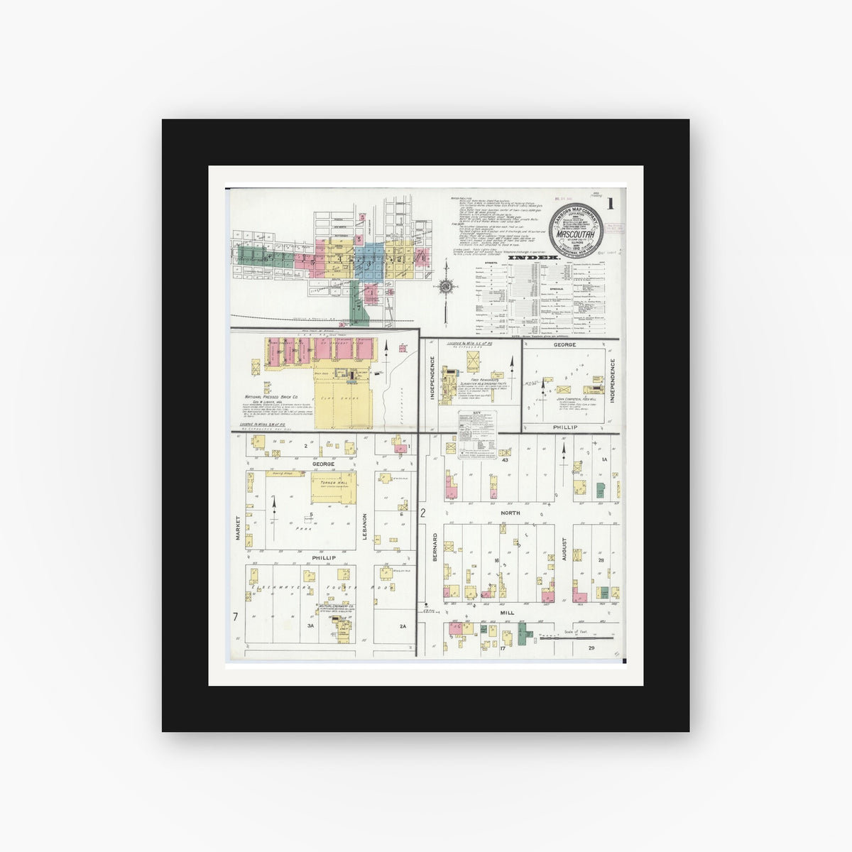 Old map wall art mockup — black gallery frame with white mat — Sanborn Fire Insurance Map from Mascoutah, Saint Clair County, Illinois (1910) - Complete Map Set