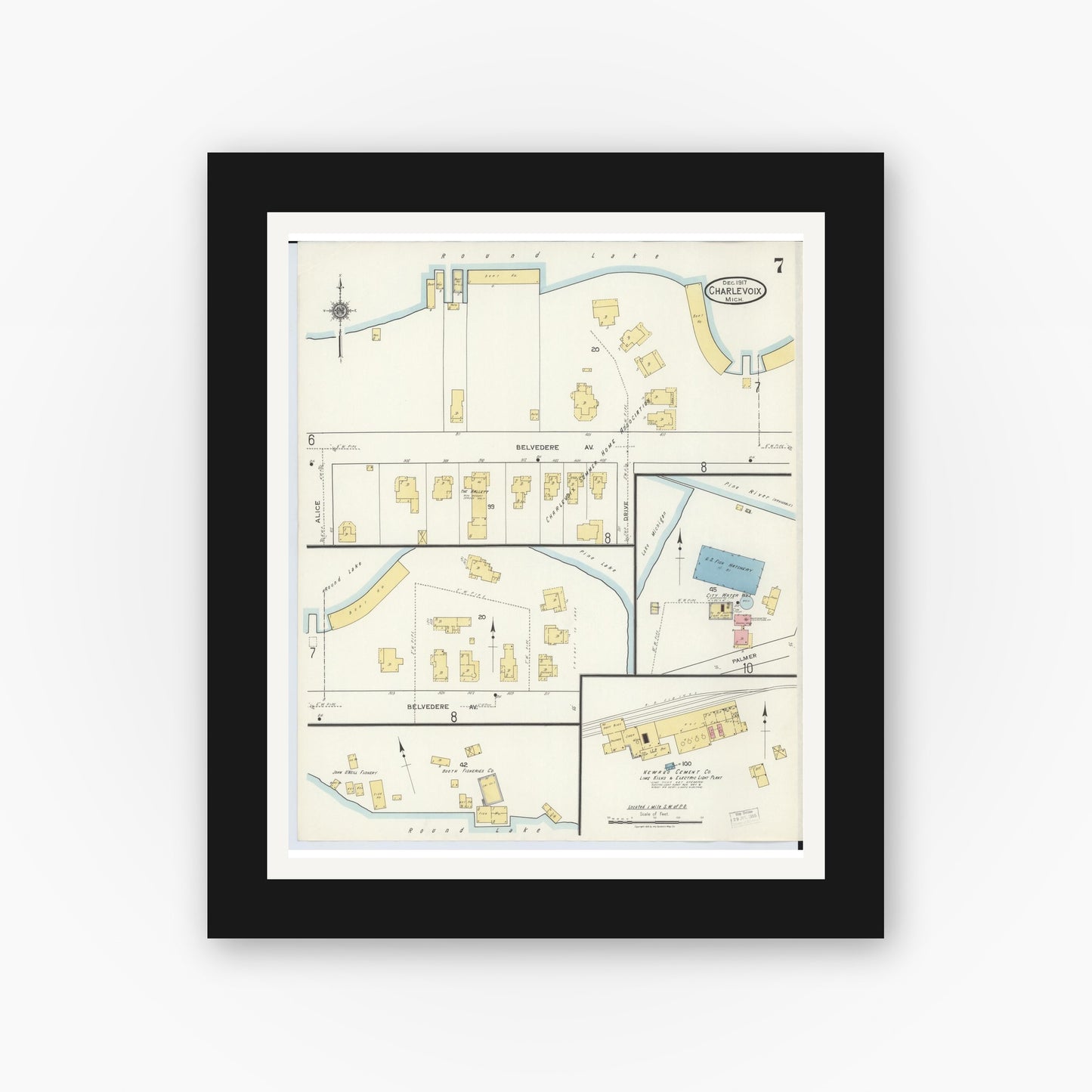 Old map wall art mockup — black gallery frame with white mat — Sanborn Fire Insurance Map from Charlevoix, Charlevoix County, Michigan (1917), Sheet #0007