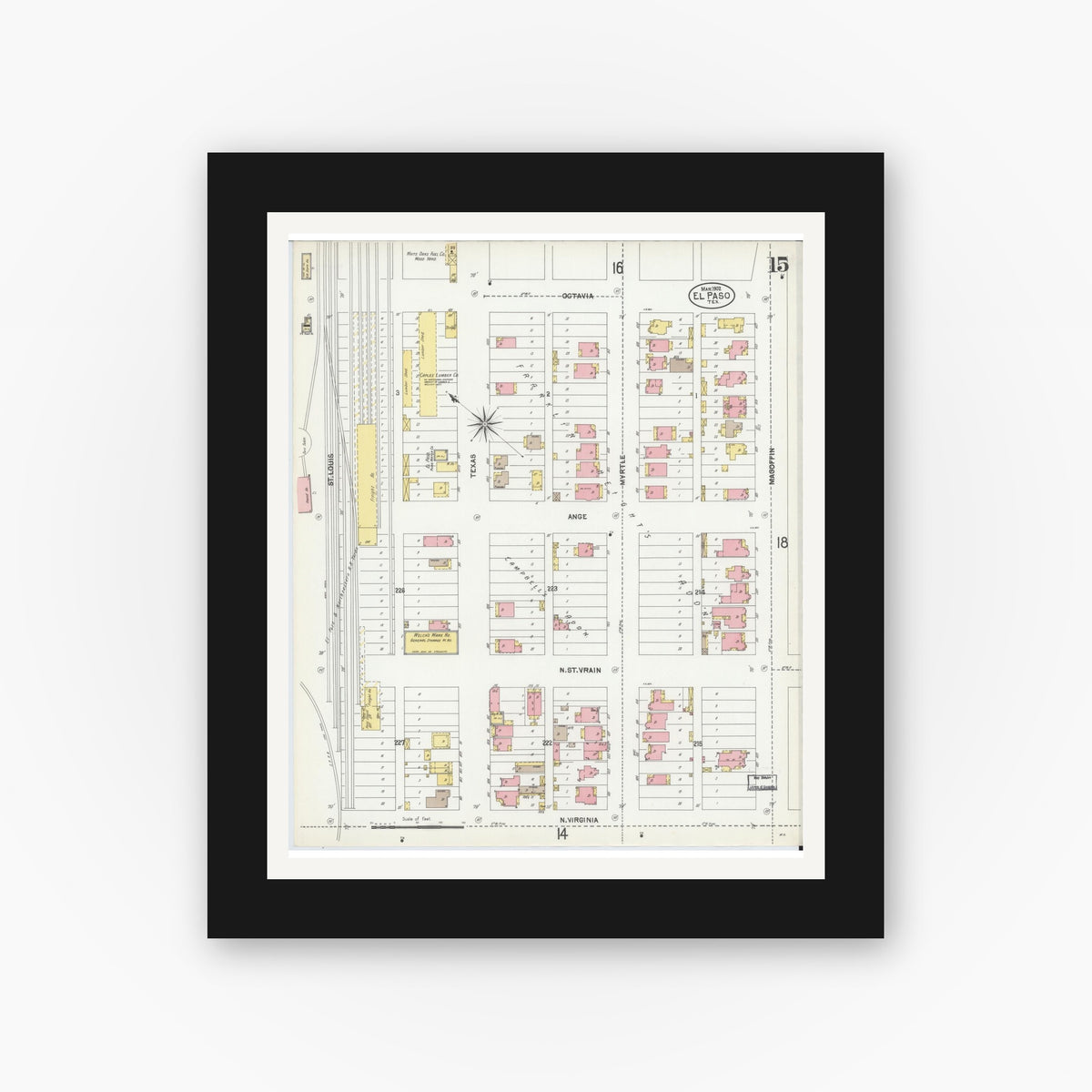 Old map wall art mockup — black gallery frame with white mat — Sanborn Fire Insurance Map from El Paso, El Paso County, Texas (1902), Sheet #0015