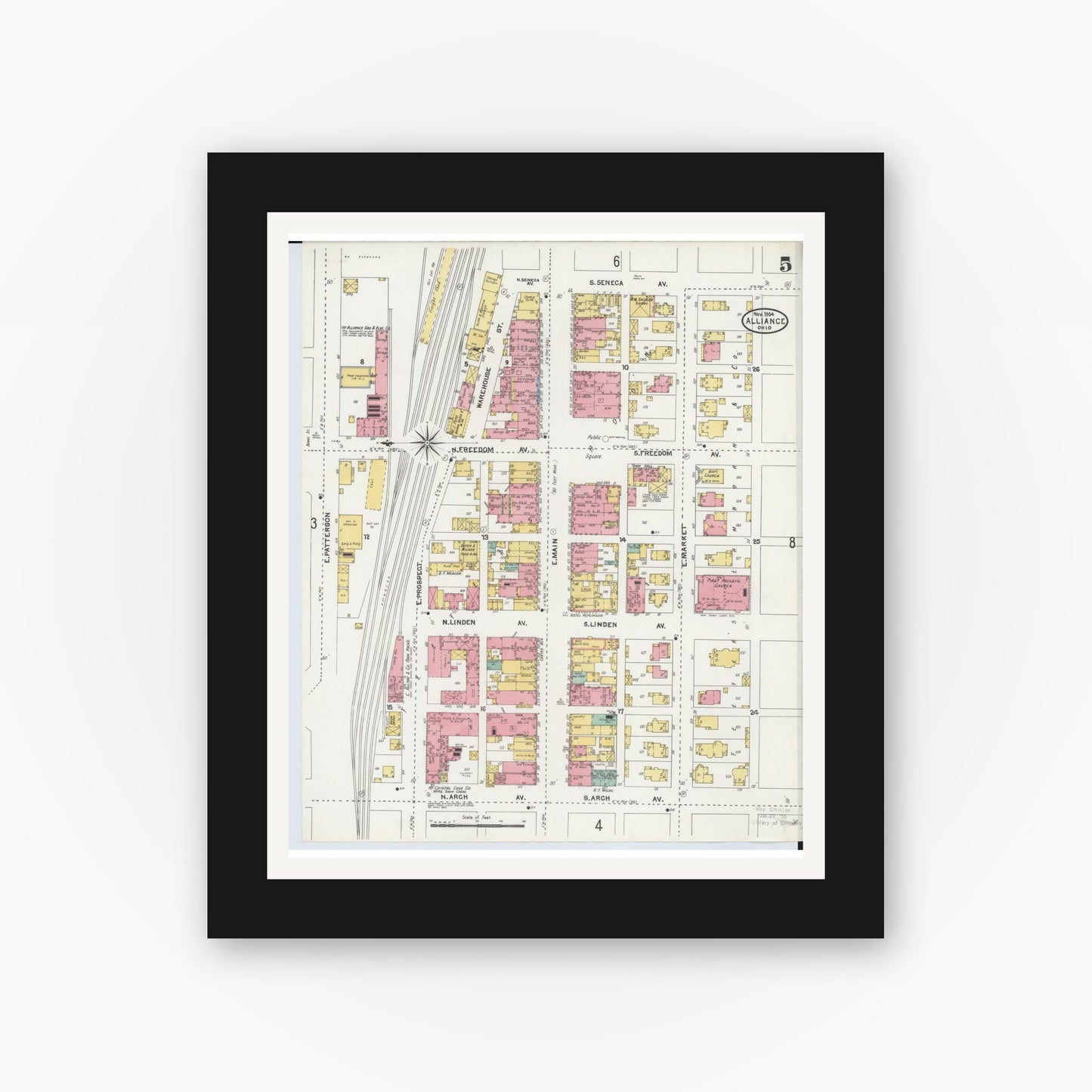 Old map wall art mockup — black gallery frame with white mat — Sanborn Fire Insurance Map from Alliance, Stark County, Ohio (1904), Sheet #0005