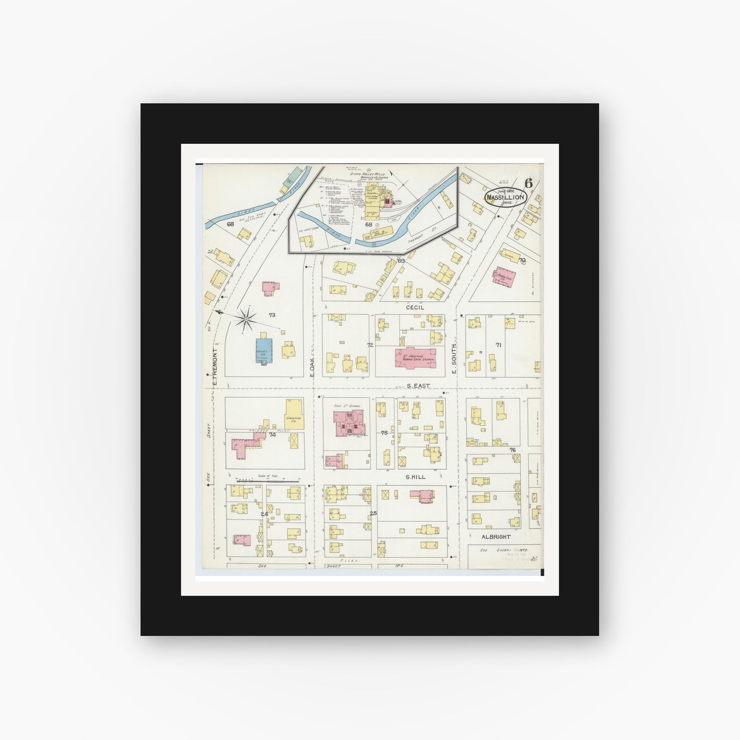 Old map wall art mockup — black gallery frame with white mat — Sanborn Fire Insurance Map from Massillon, Stark County, Ohio (1892), Sheet #0006