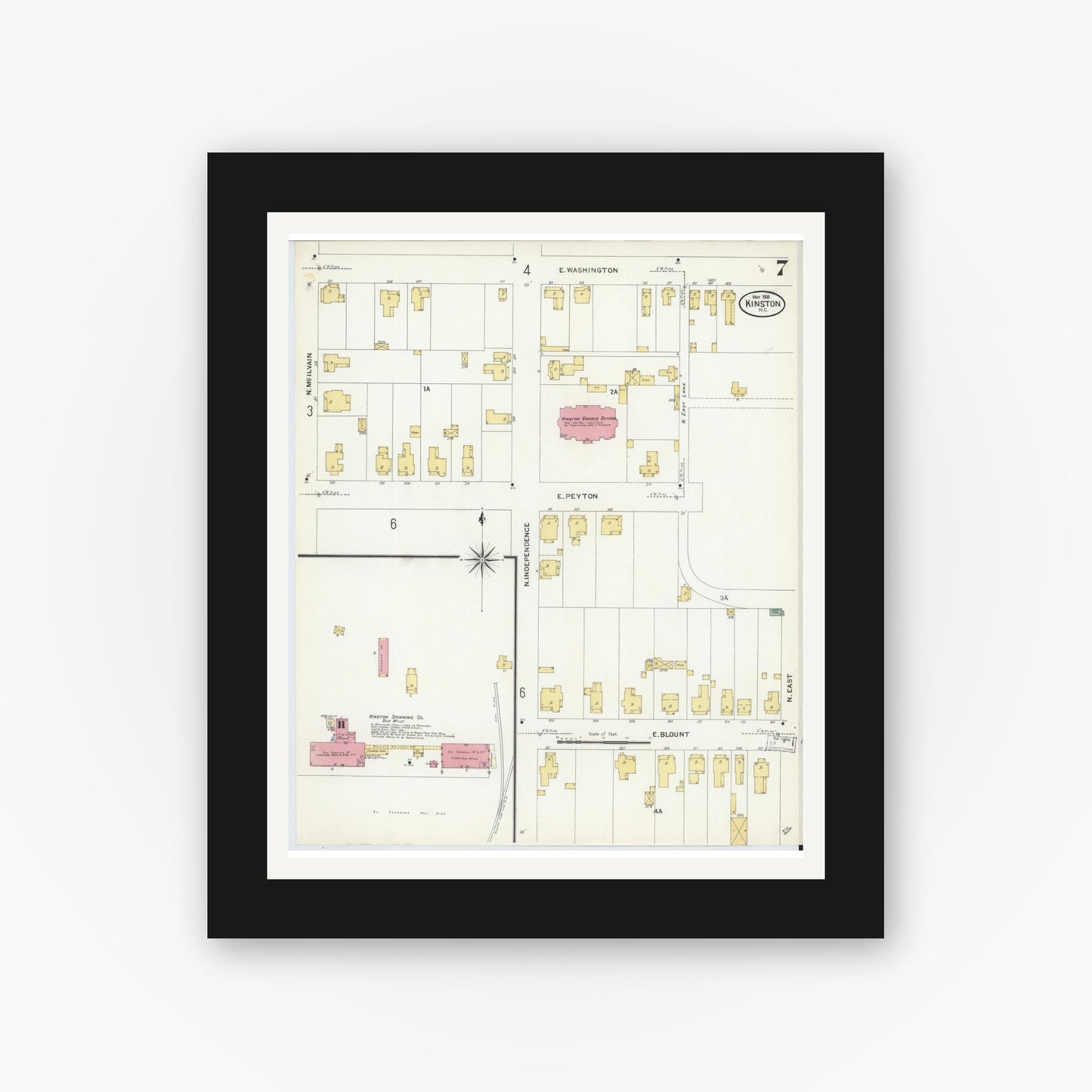 Old map wall art mockup — black gallery frame with white mat — Sanborn Fire Insurance Map from Kinston, Lenoir County, North Carolina (1908), Sheet #0007