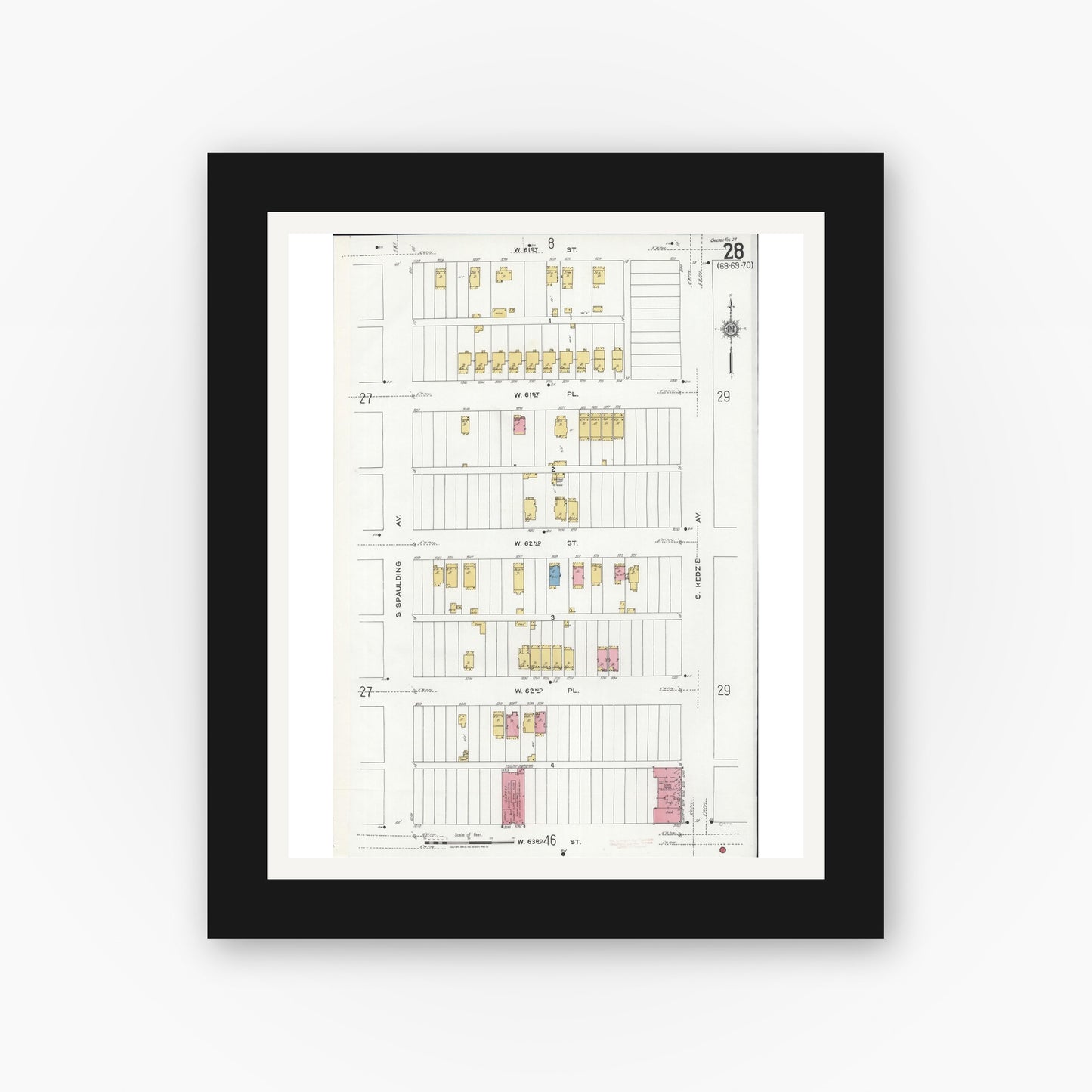 Old map wall art mockup — black gallery frame with white mat — Sanborn Fire Insurance Map from Chicago, Cook County, Illinois (1920), Sheet #0028