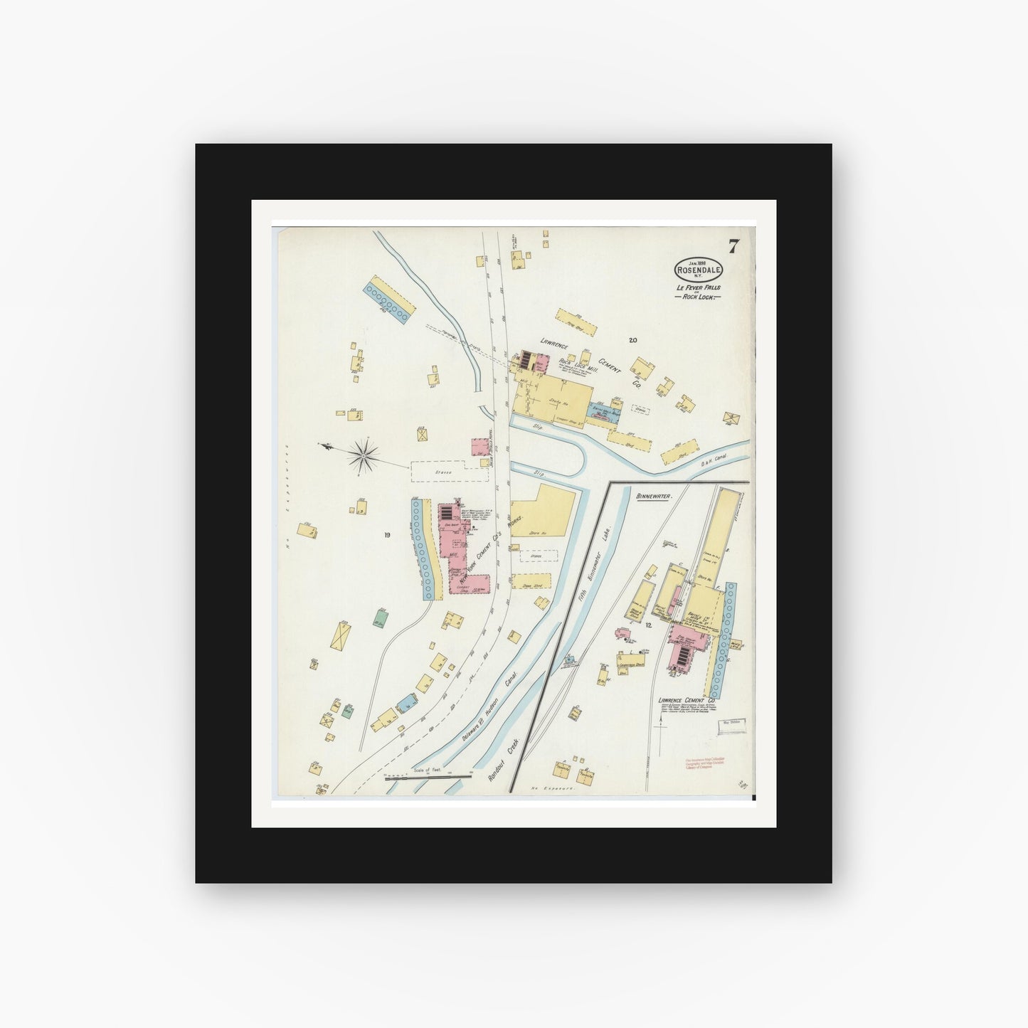 Old map wall art mockup — black gallery frame with white mat — Sanborn Fire Insurance Map from Rosendale, Ulster County, New York (1898), Sheet #0007