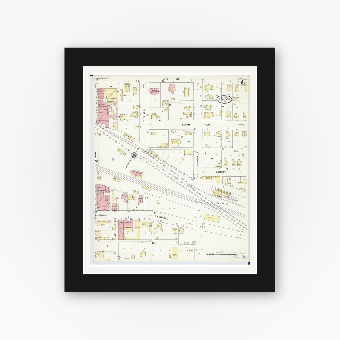 Old map wall art mockup — black gallery frame with white mat — Sanborn Fire Insurance Map from London, Madison County, Ohio (1910), Sheet #0006