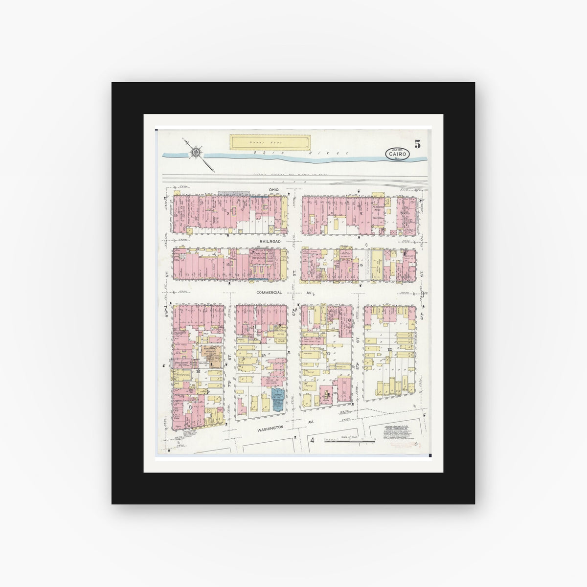 Old map wall art mockup — black gallery frame with white mat — Sanborn Fire Insurance Map from Cairo, Alexander County, Illinois (1914), Sheet #0005