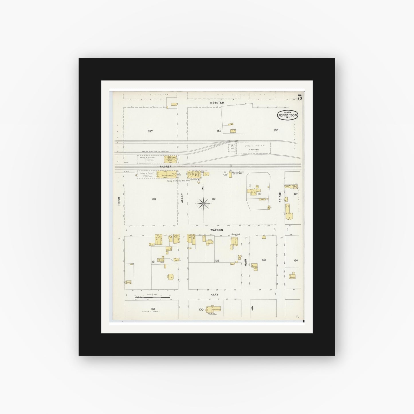 Old map wall art mockup — black gallery frame with white mat — Sanborn Fire Insurance Map from Jefferson, Marion County, Texas (1896), Sheet #0005