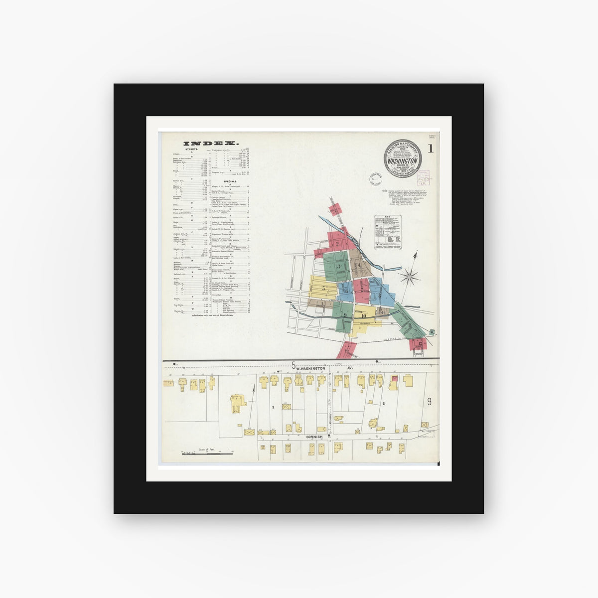 Old map wall art mockup — black gallery frame with white mat — Sanborn Fire Insurance Map from Washington, Warren County, New Jersey (1902), Sheet #0001