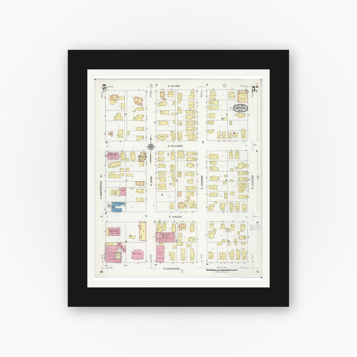 Old map wall art mockup — black gallery frame with white mat — Sanborn Fire Insurance Map from Owosso, Shiawassee County, Michigan (1924), Sheet #0005