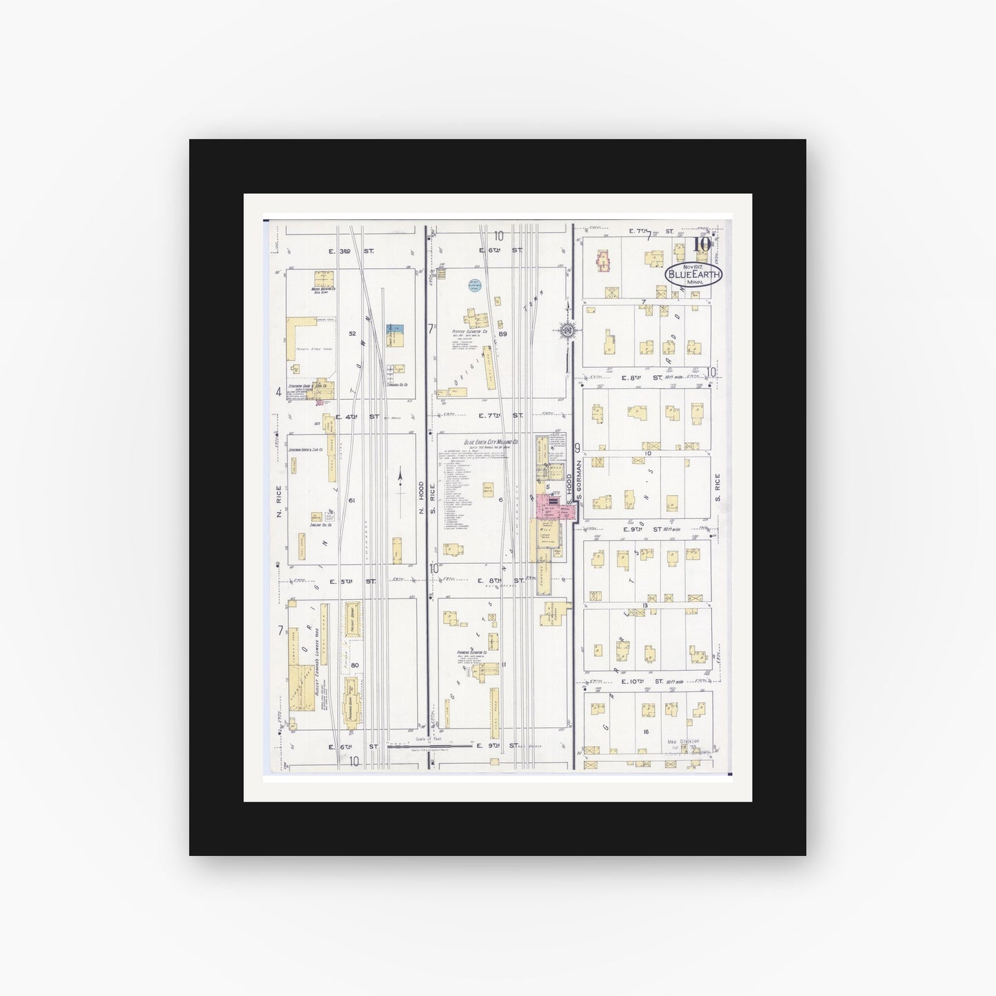 Old map wall art mockup — black gallery frame with white mat — Sanborn Fire Insurance Map from Blue Earth, Faribault County, Minnesota (1917), Sheet #0010