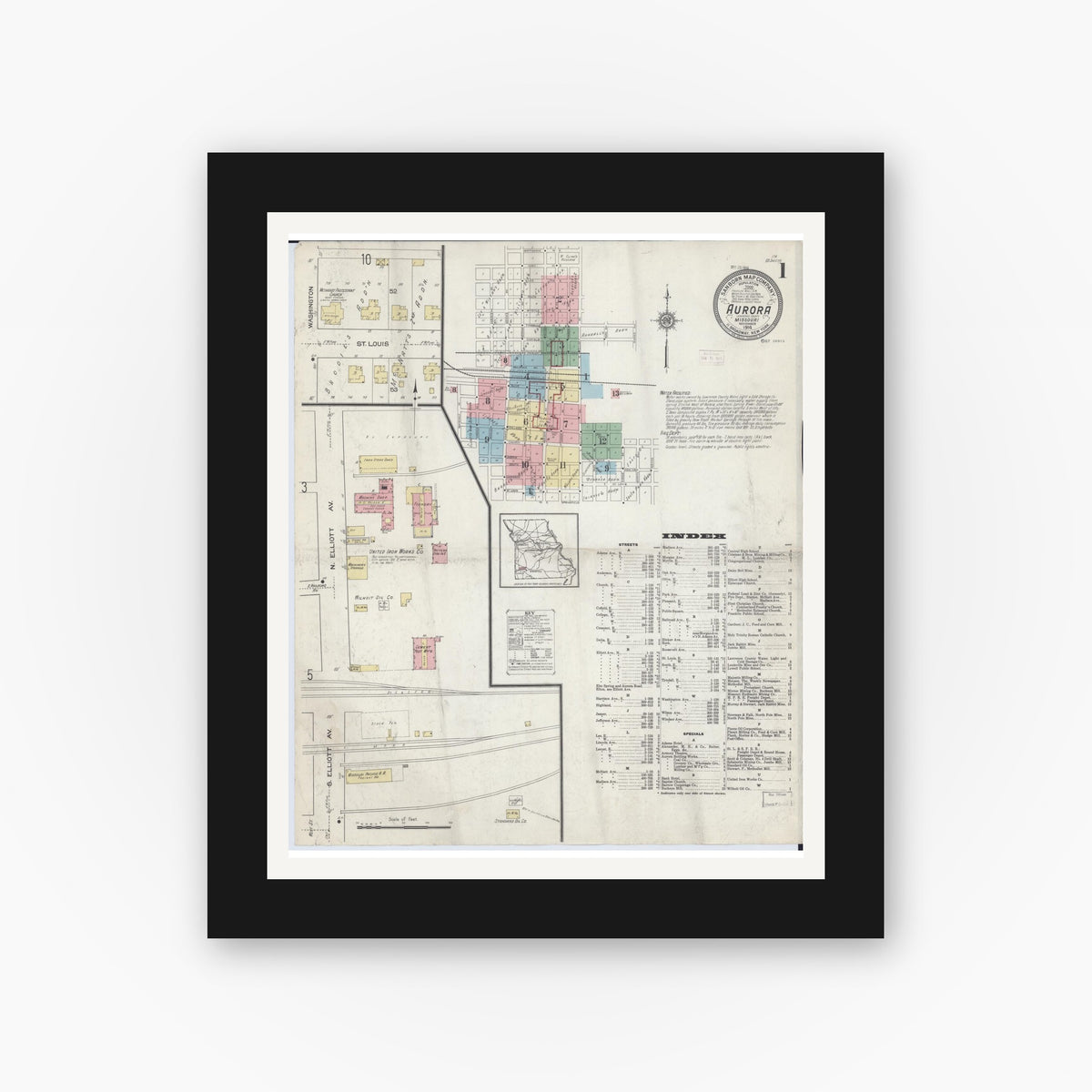 Old map wall art mockup — black gallery frame with white mat — Sanborn Fire Insurance Map from Aurora, Lawrence County, Missouri (1914) - Complete Map Set