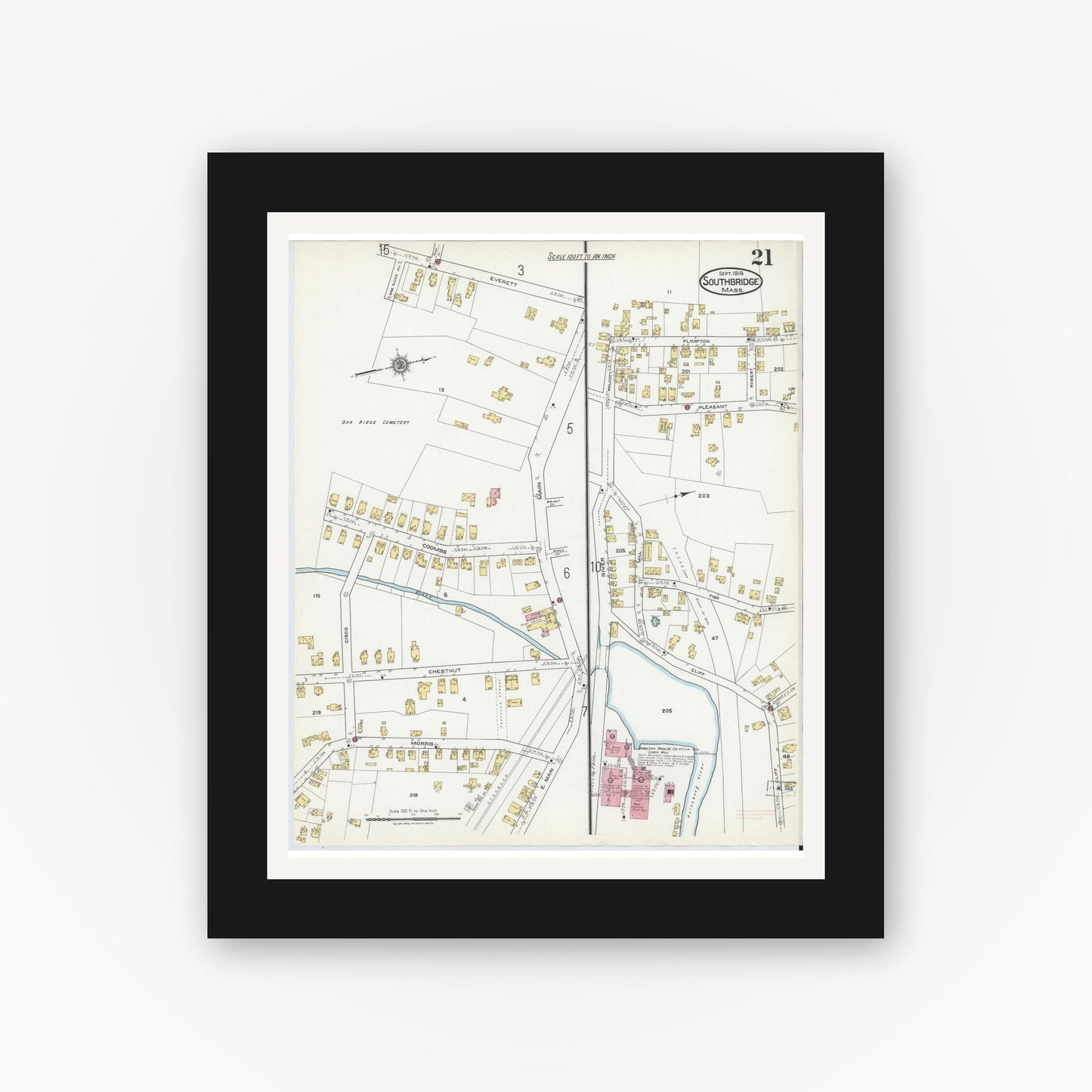 Old map wall art mockup — black gallery frame with white mat — Sanborn Fire Insurance Map from Southbridge, Worcester County, Massachusetts (1918), Sheet #0021