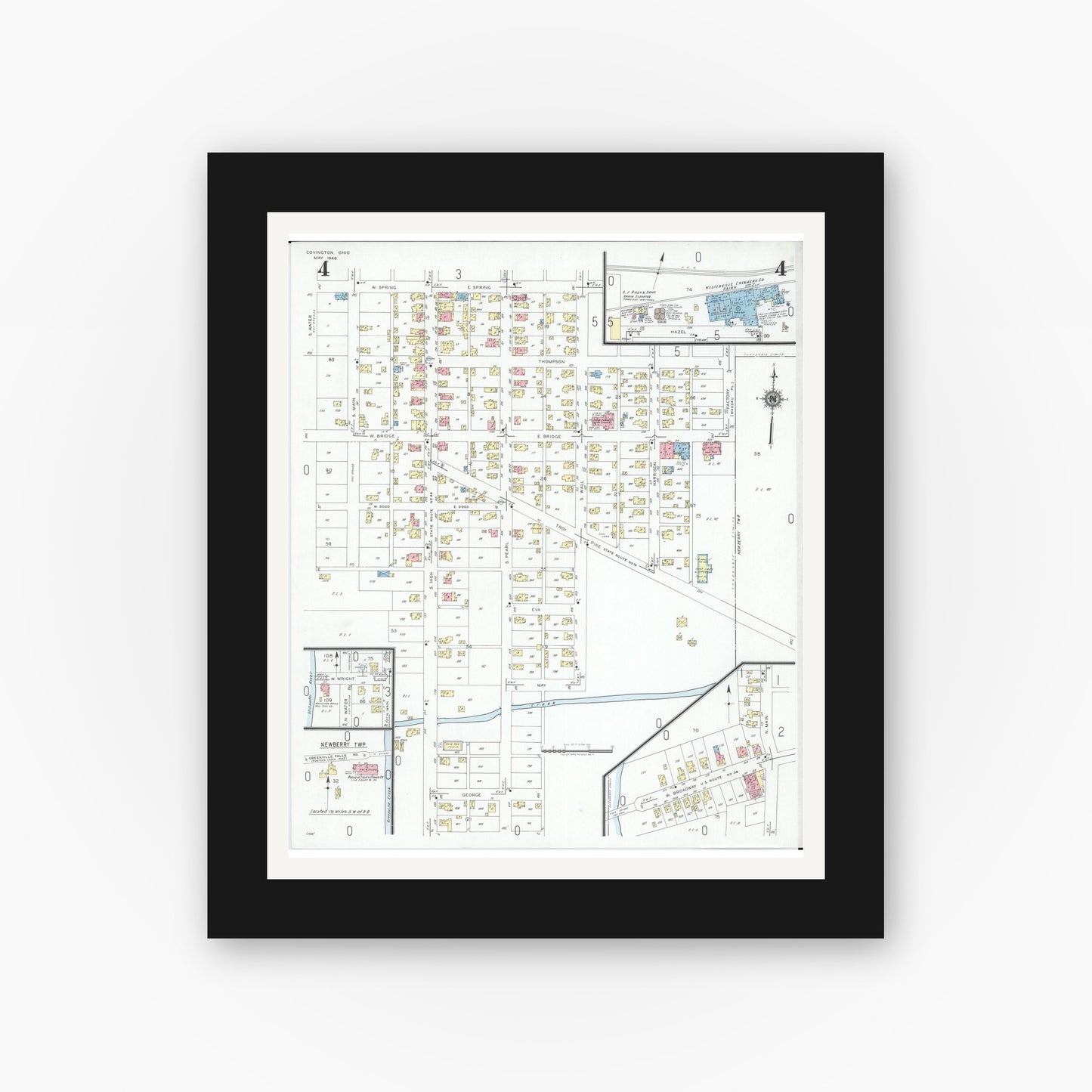 Old map wall art mockup — black gallery frame with white mat — Sanborn Fire Insurance Map from Covington, Miami County, Ohio (1946), Sheet #0004