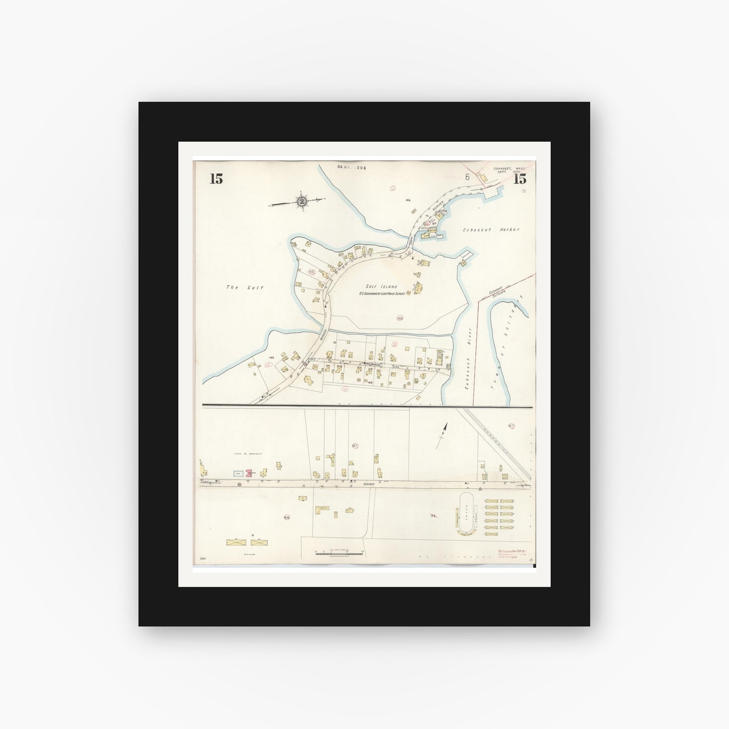 Old map wall art mockup — black gallery frame with white mat — Sanborn Fire Insurance Map from Cohasset, Norfolk County, Massachusetts (1940), Sheet #0015