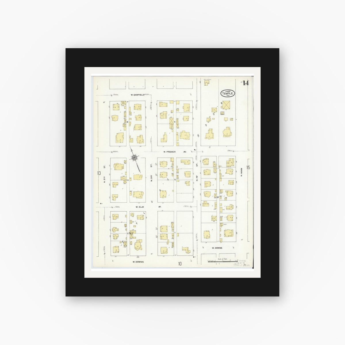 Old map wall art mockup — black gallery frame with white mat — Sanborn Fire Insurance Map from Temple, Bell County, Texas (1910), Sheet #0014
