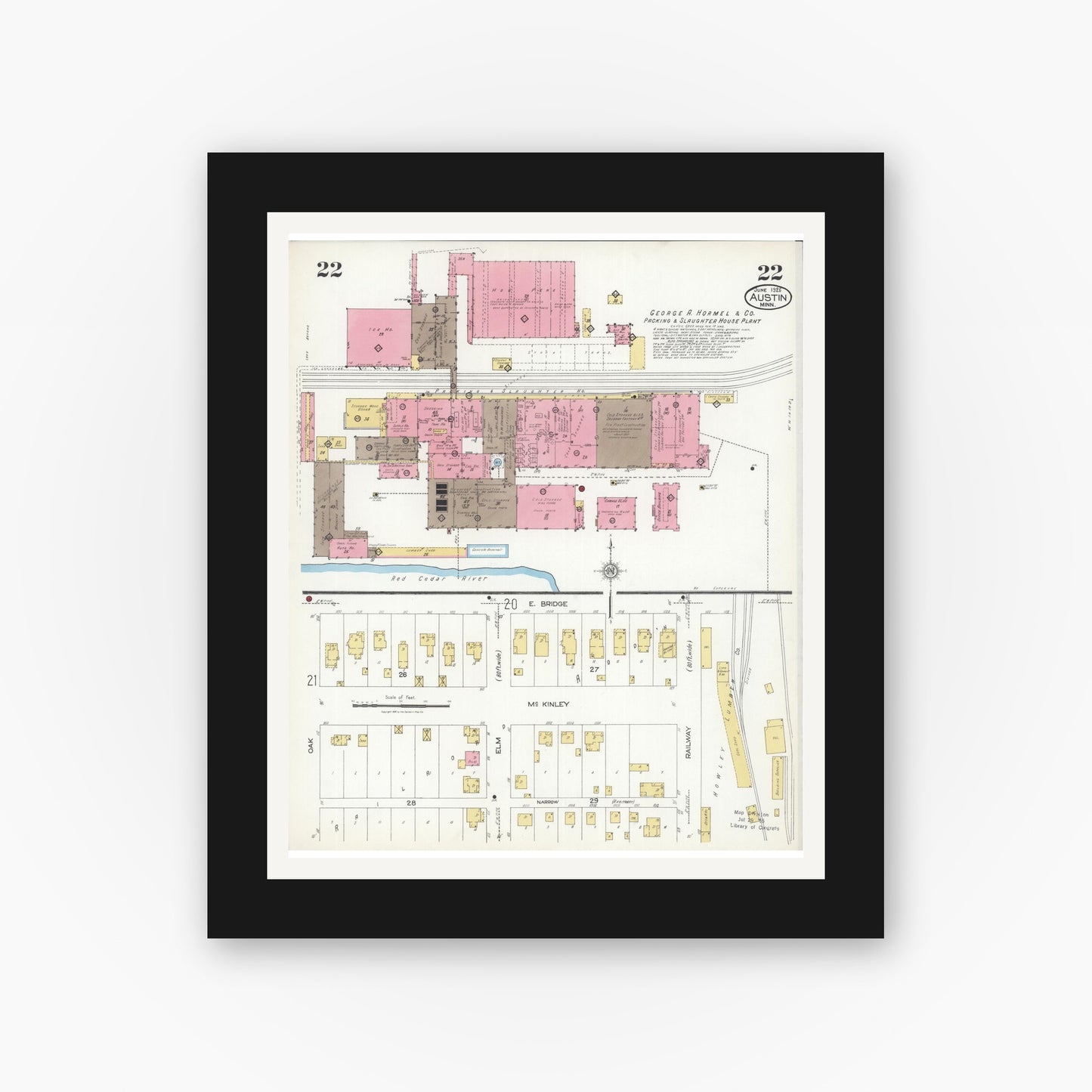 Old map wall art mockup — black gallery frame with white mat — Sanborn Fire Insurance Map from Austin, Mower County, Minnesota (1926), Sheet #0022