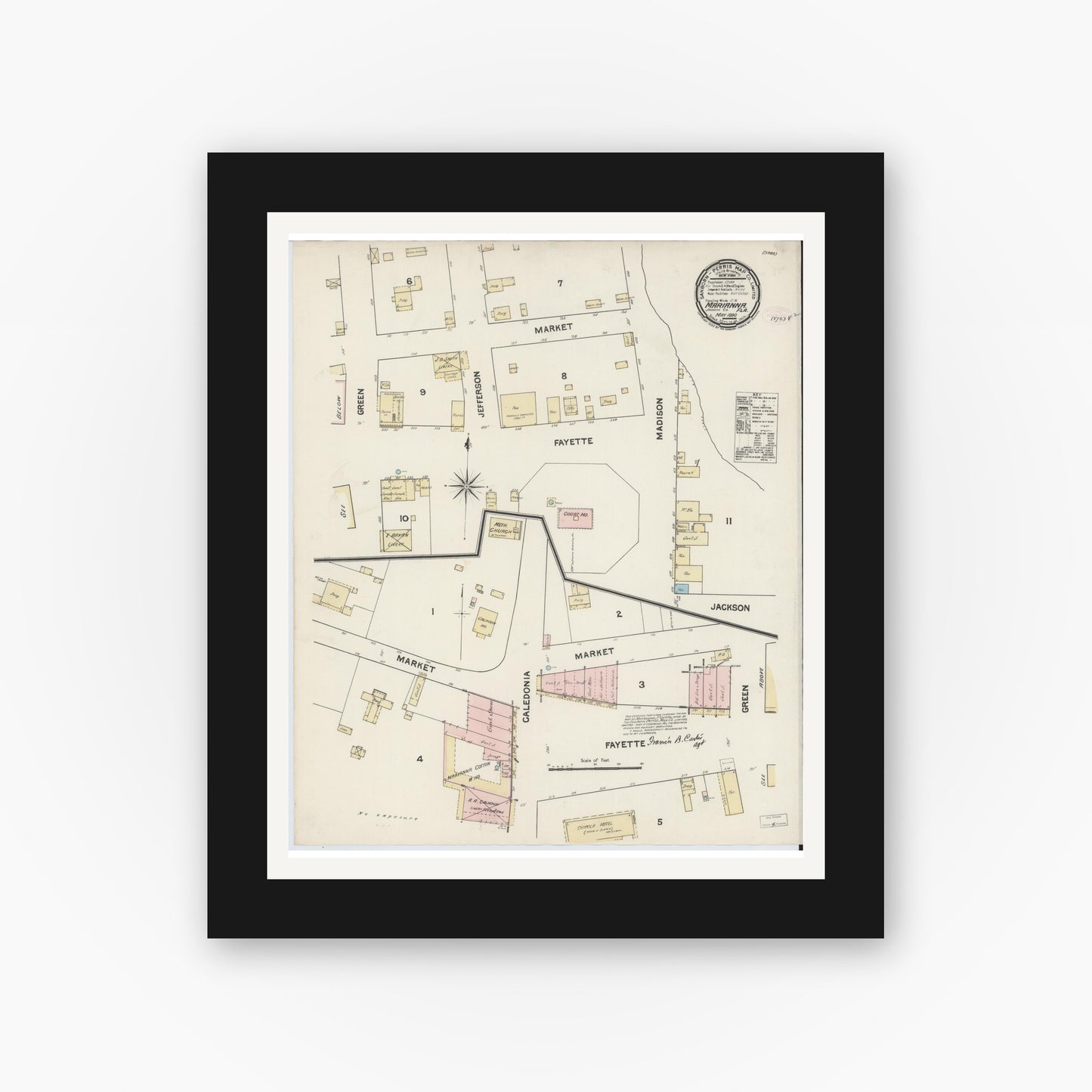 Old map wall art mockup — black gallery frame with white mat — Sanborn Fire Insurance Map from Marianna, Jackson County, Florida (1890), Sheet #0001