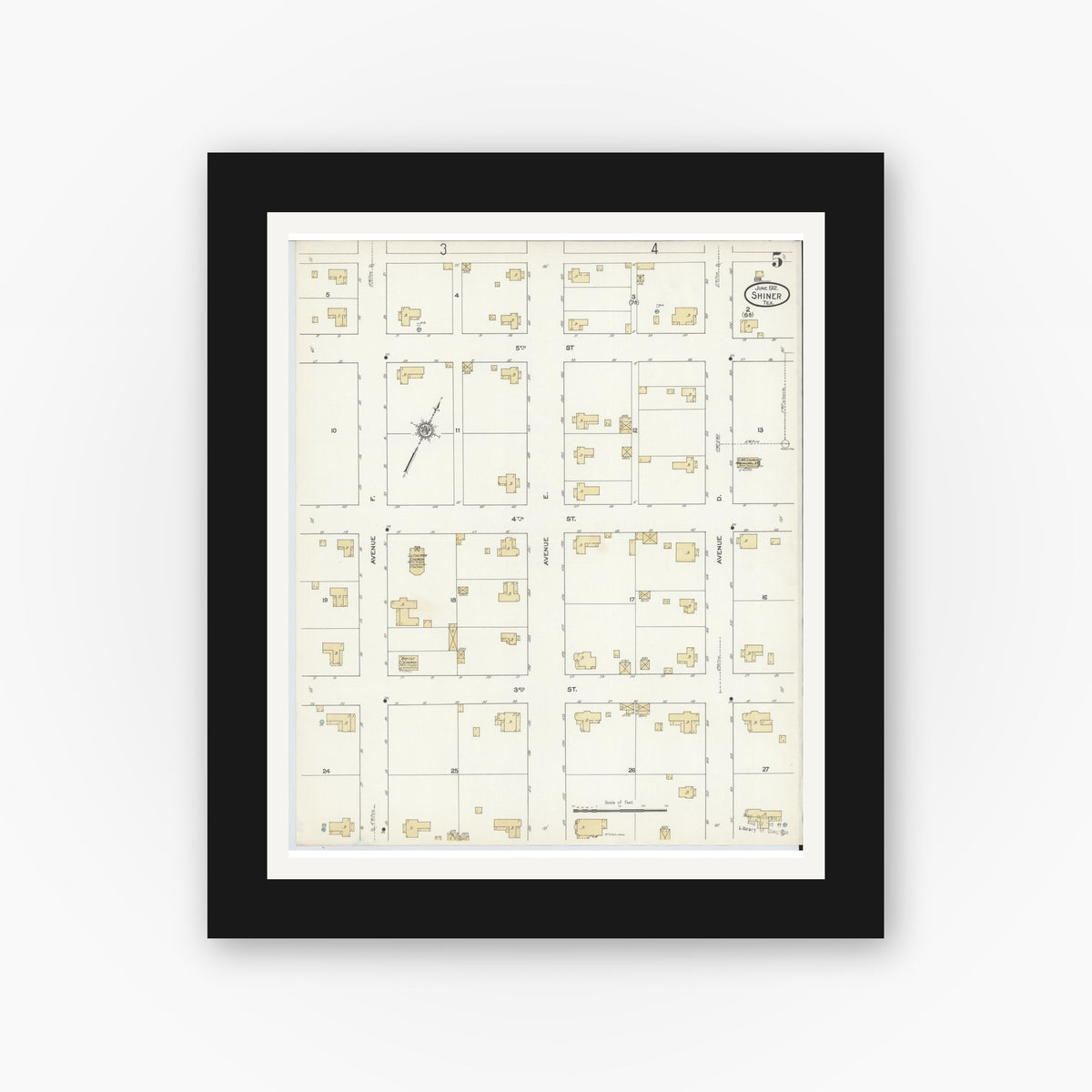 Old map wall art mockup — black gallery frame with white mat — Sanborn Fire Insurance Map from Shiner, Lavaca County, Texas (1912), Sheet #0005