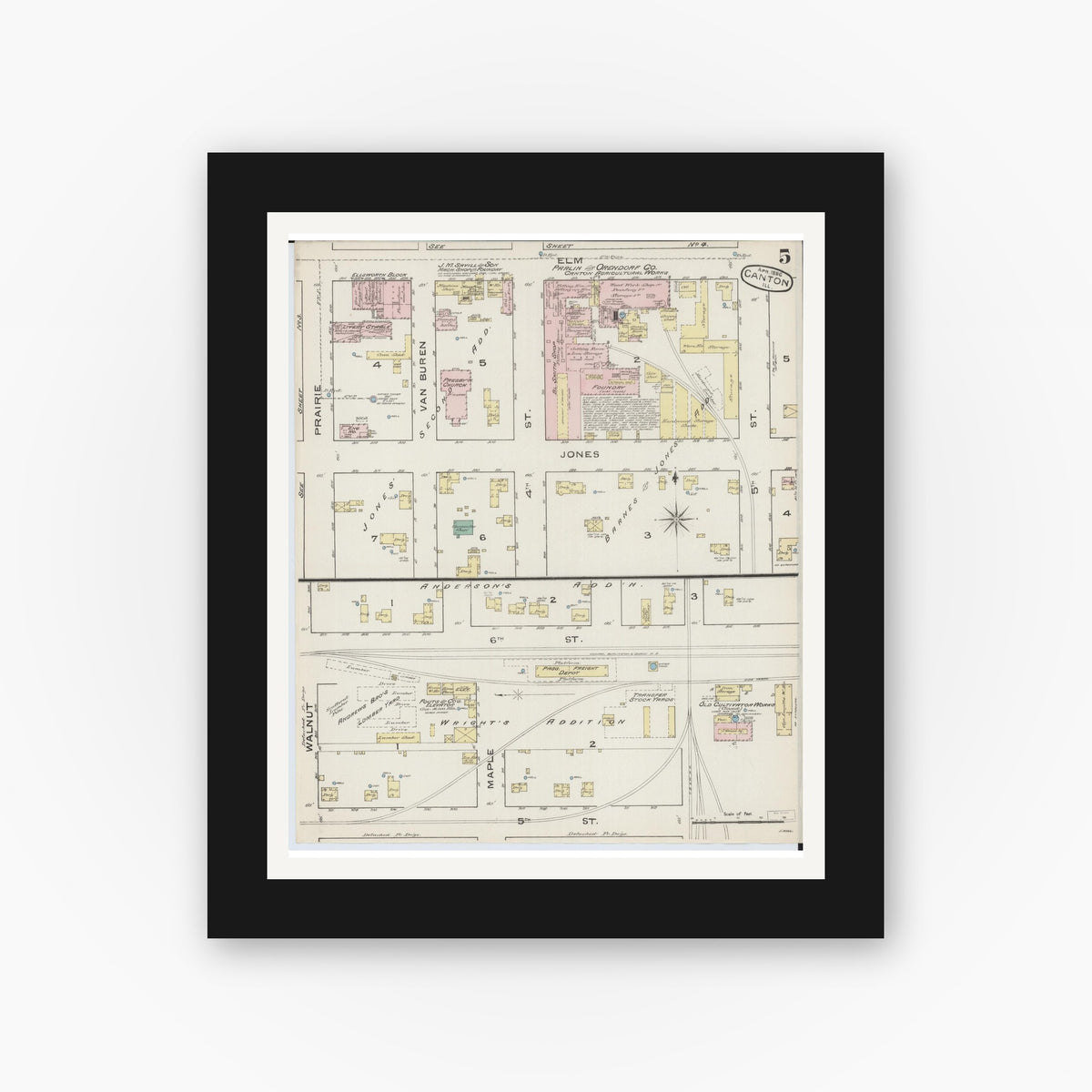 Old map wall art mockup — black gallery frame with white mat — Sanborn Fire Insurance Map from Canton, Fulton County, Illinois (1886), Sheet #0005