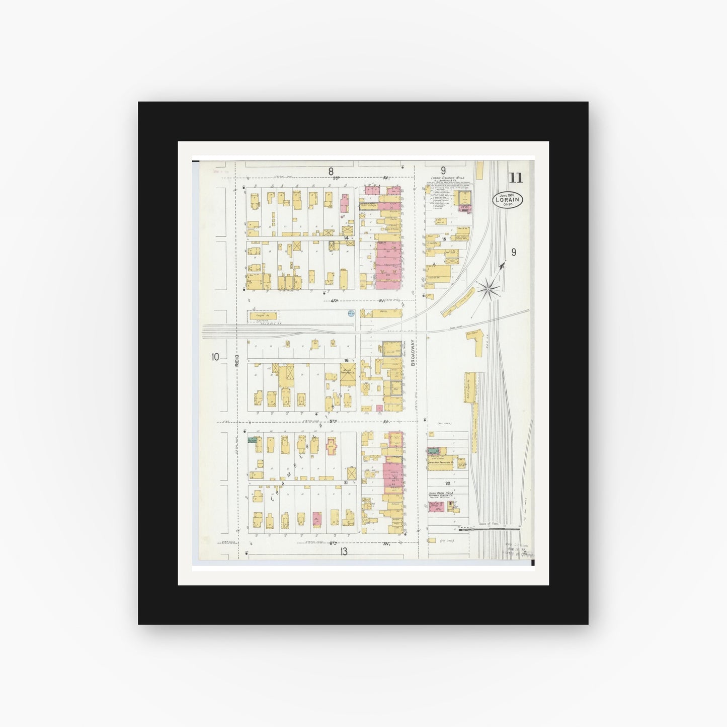 Old map wall art mockup — black gallery frame with white mat — Sanborn Fire Insurance Map from Lorain, Lorain County, Ohio (1905), Sheet #0011