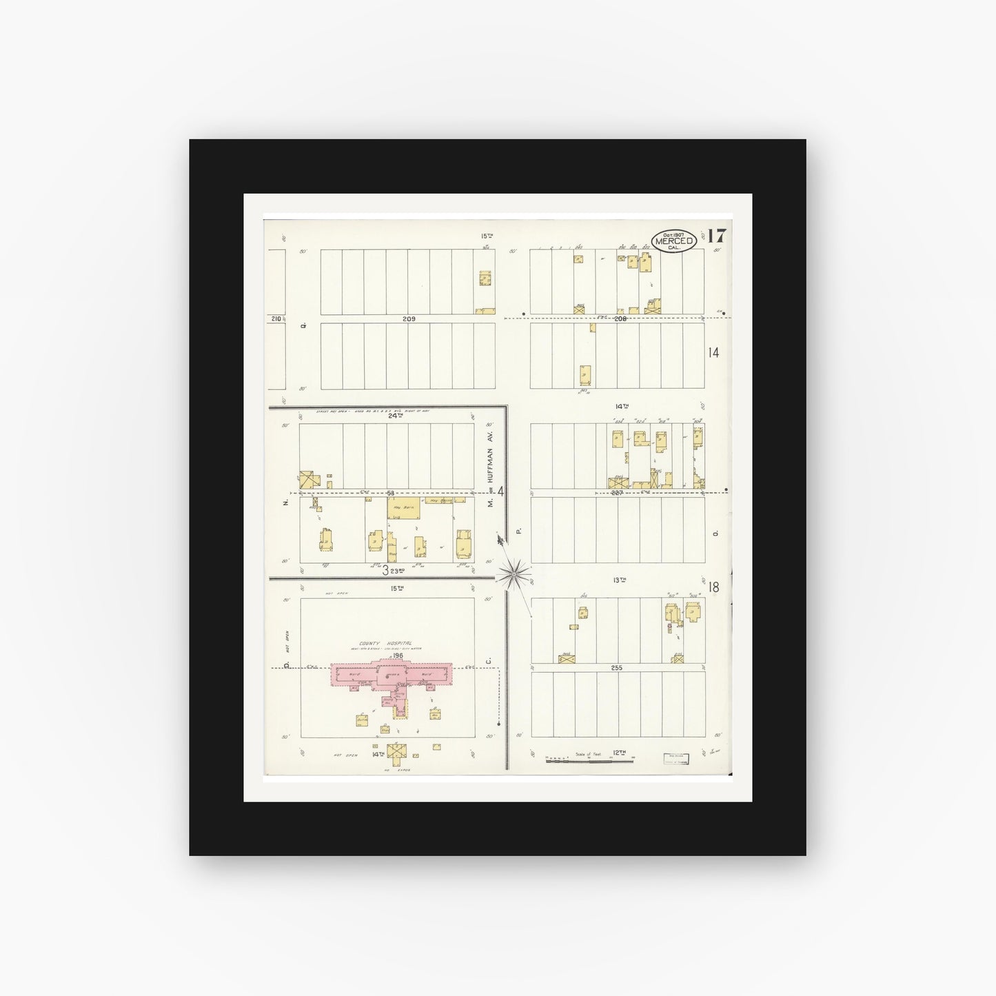 Old map wall art mockup — black gallery frame with white mat — Sanborn Fire Insurance Map from Merced, Merced County, California (1907), Sheet #0017