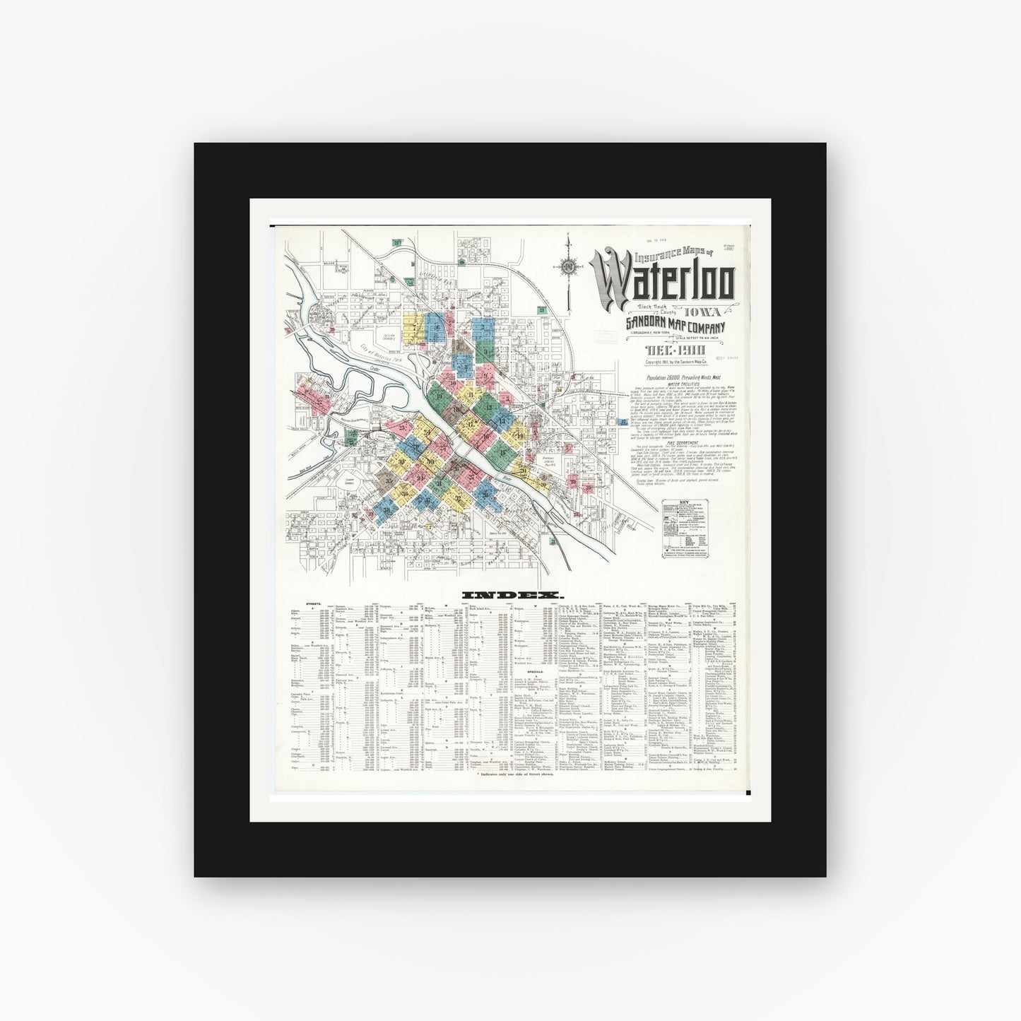 Old map wall art mockup — black gallery frame with white mat — Sanborn Fire Insurance Map from Waterloo, Black Hawk County, Iowa (1910), Sheet #0001
