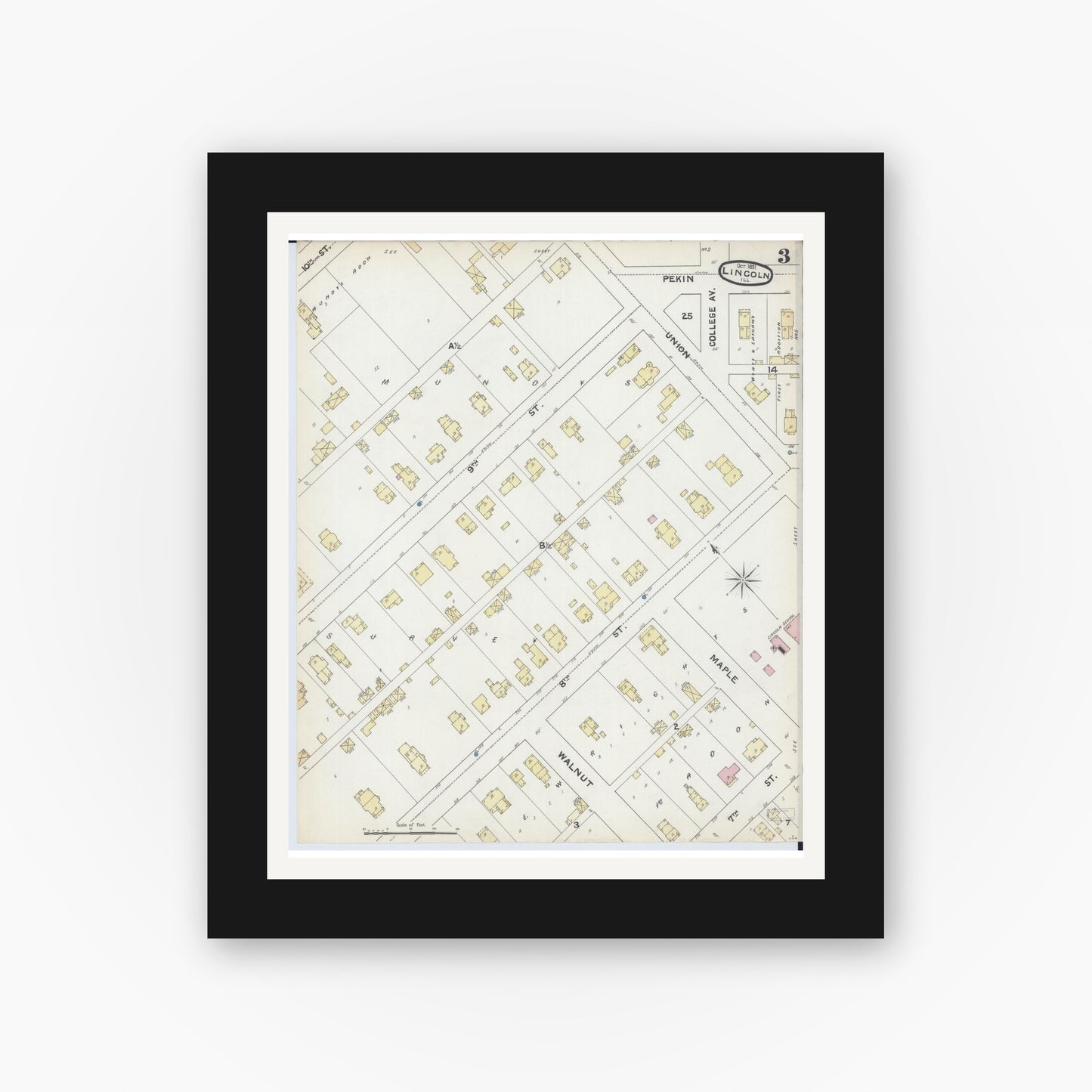 Old map wall art mockup — black gallery frame with white mat — Sanborn Fire Insurance Map from Lincoln, Logan County, Illinois (1891), Sheet #0003