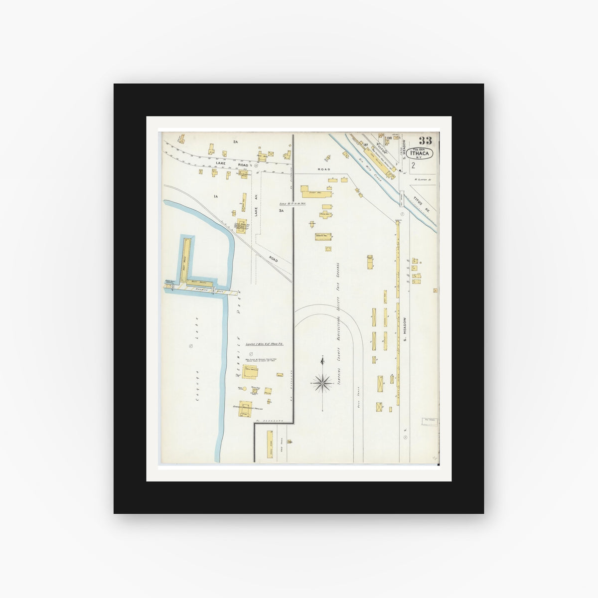 Old map wall art mockup — black gallery frame with white mat — Sanborn Fire Insurance Map from Ithaca, Tompkins County, New York (1904), Sheet #0033
