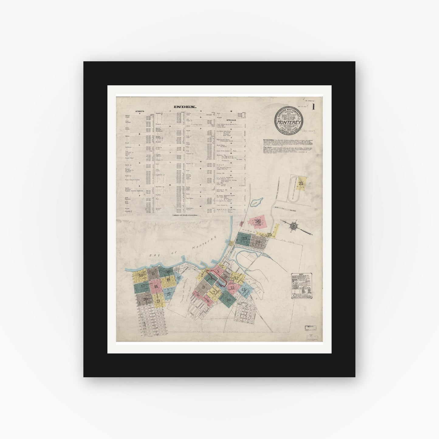 Old map wall art mockup — black gallery frame with white mat — Sanborn Fire Insurance Map from Monterey, Monterey County, California (1912) - Complete Map Set