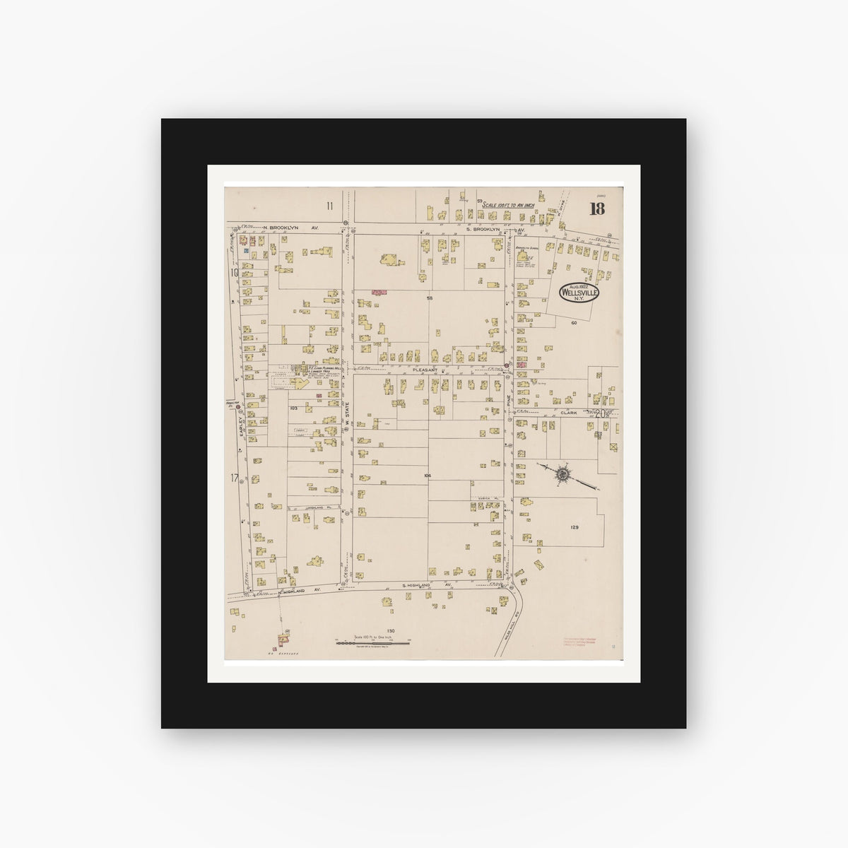Old map wall art mockup — black gallery frame with white mat — Sanborn Fire Insurance Map from Wellsville, Allegany County, New York (1922), Sheet #0018